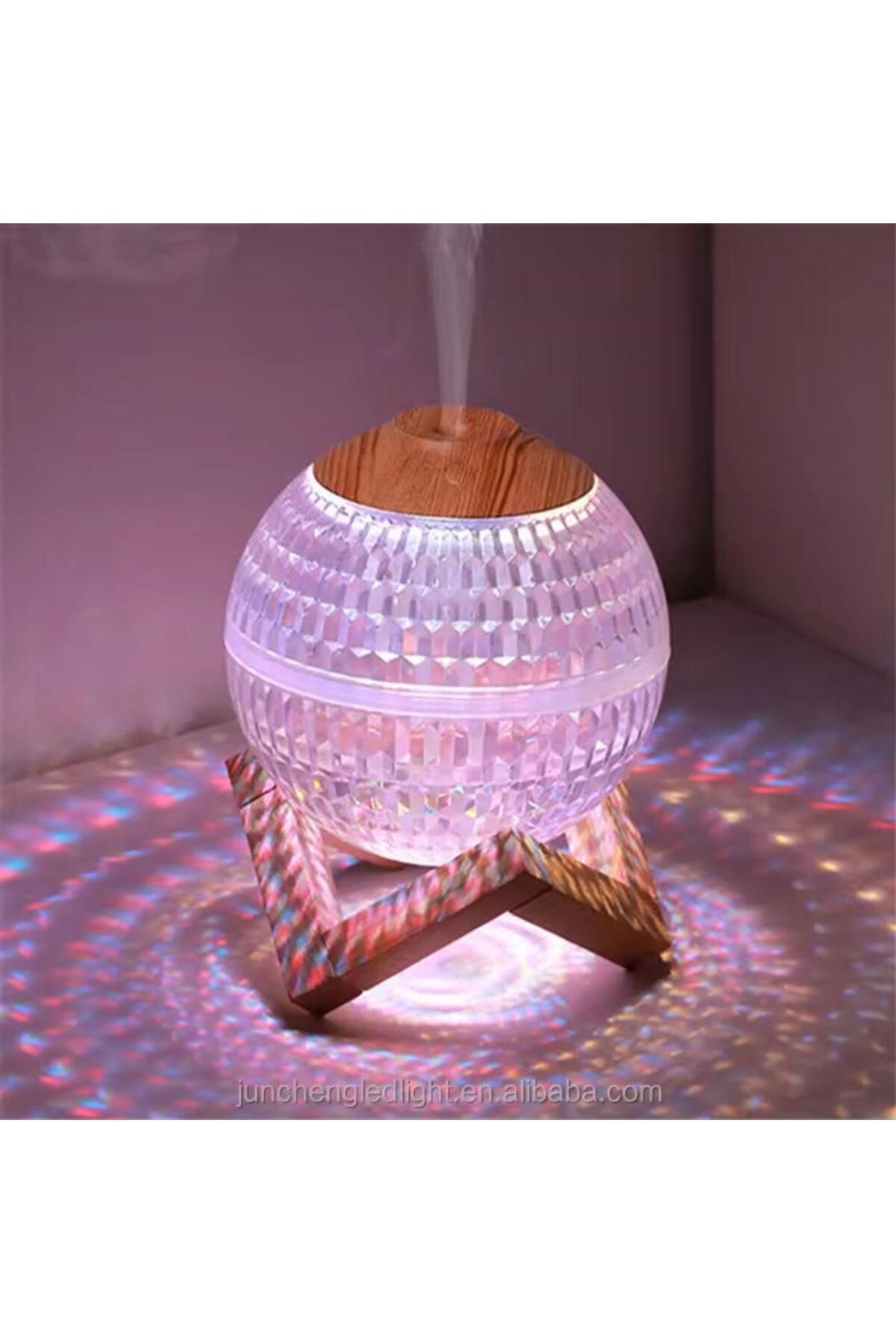 Renkli Kristal Küre Tasarımlı LED Işıklı Hava Nemlendirici – Sessiz Çalışma ve Ahşap Desenli Kapak