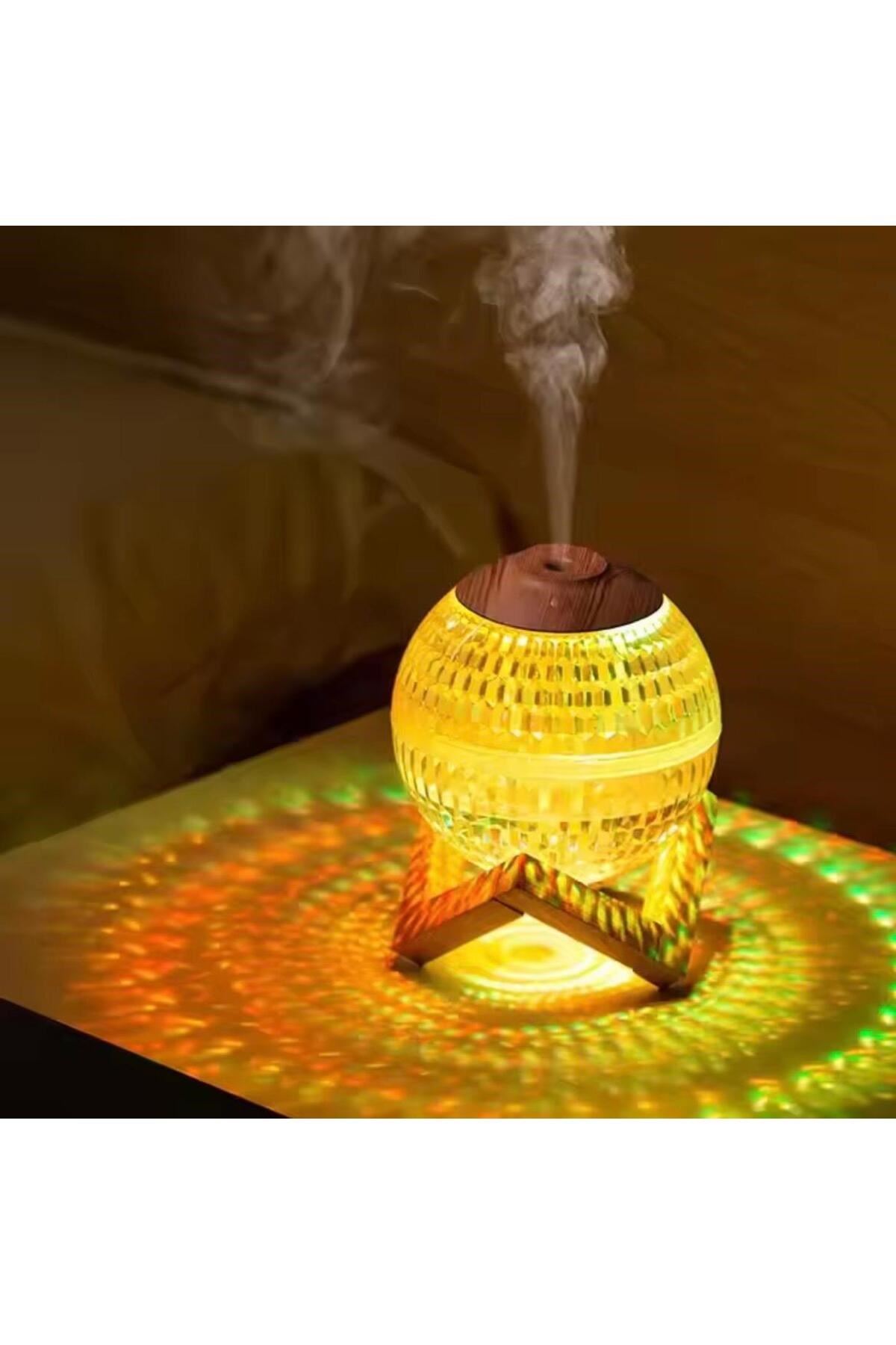 Renkli Kristal Küre Tasarımlı LED Işıklı Hava Nemlendirici – Sessiz Çalışma ve Ahşap Desenli Kapak