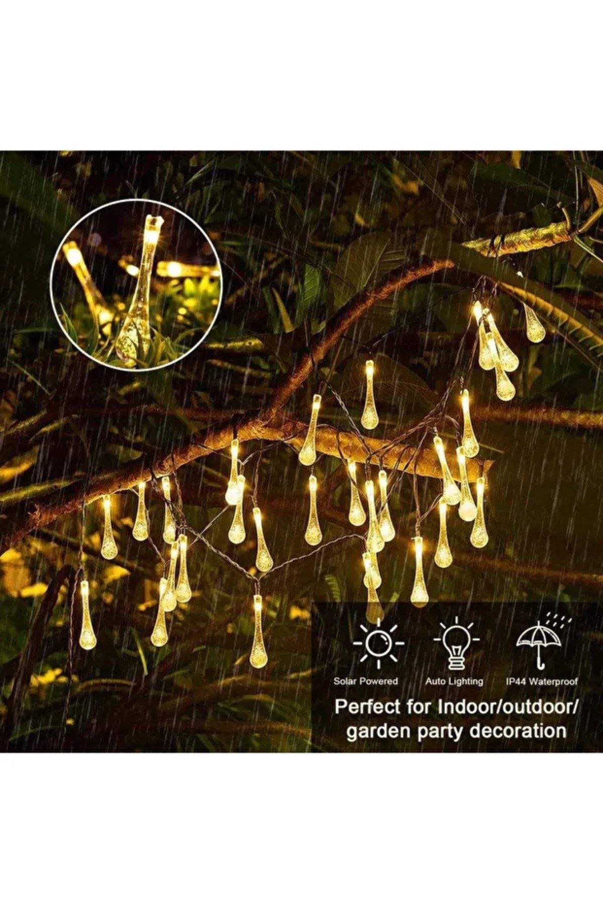 Solar 5 Metre 20 LED Günışığı Damlacık Işıkları, Güneş Enerjili LED Işıklar Dış Mekan