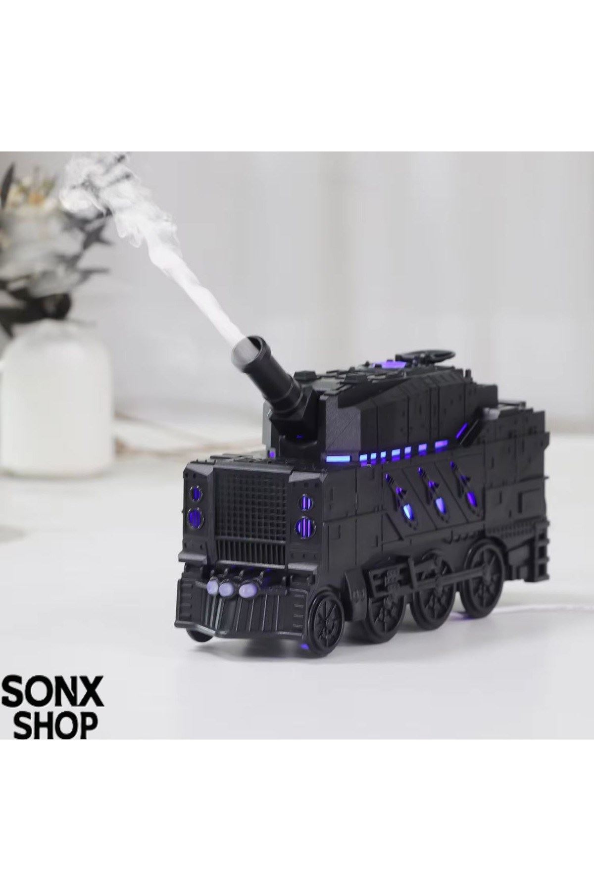Buhar Efektli Zırhlı Tren Tasarımlı Aromaterapi Hava Nemlendirici – LED Işıklı, Sessiz ve USB Şarjlı