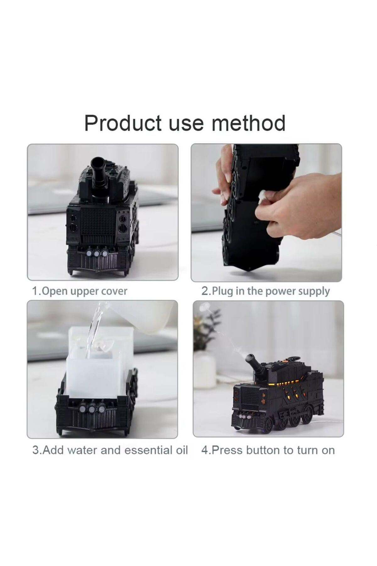 Buhar Efektli Zırhlı Tren Tasarımlı Aromaterapi Hava Nemlendirici – LED Işıklı, Sessiz ve USB Şarjlı