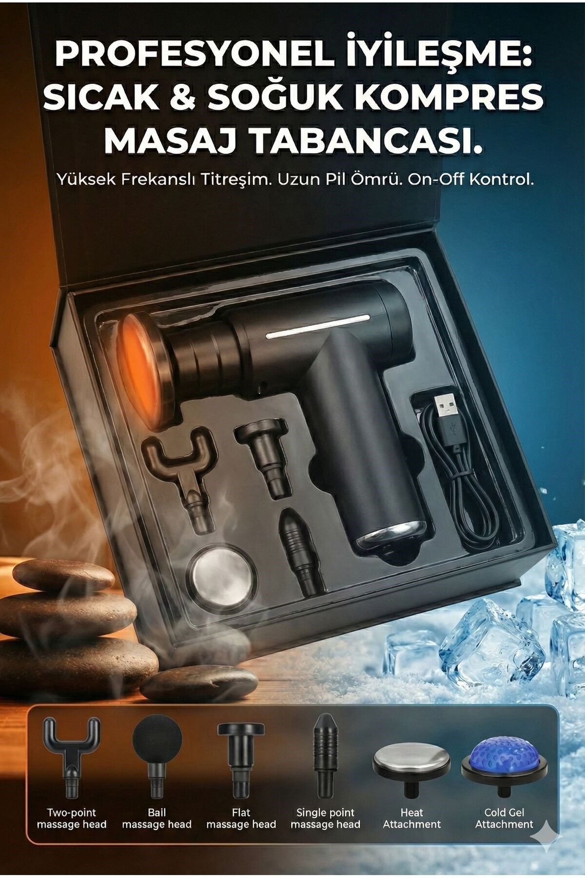 Şarjlı Masaj Tabancası Boyun Sırt ve İçin Sıcak Soğuk Başlıklı Masaj Aleti Sporcu Masaj