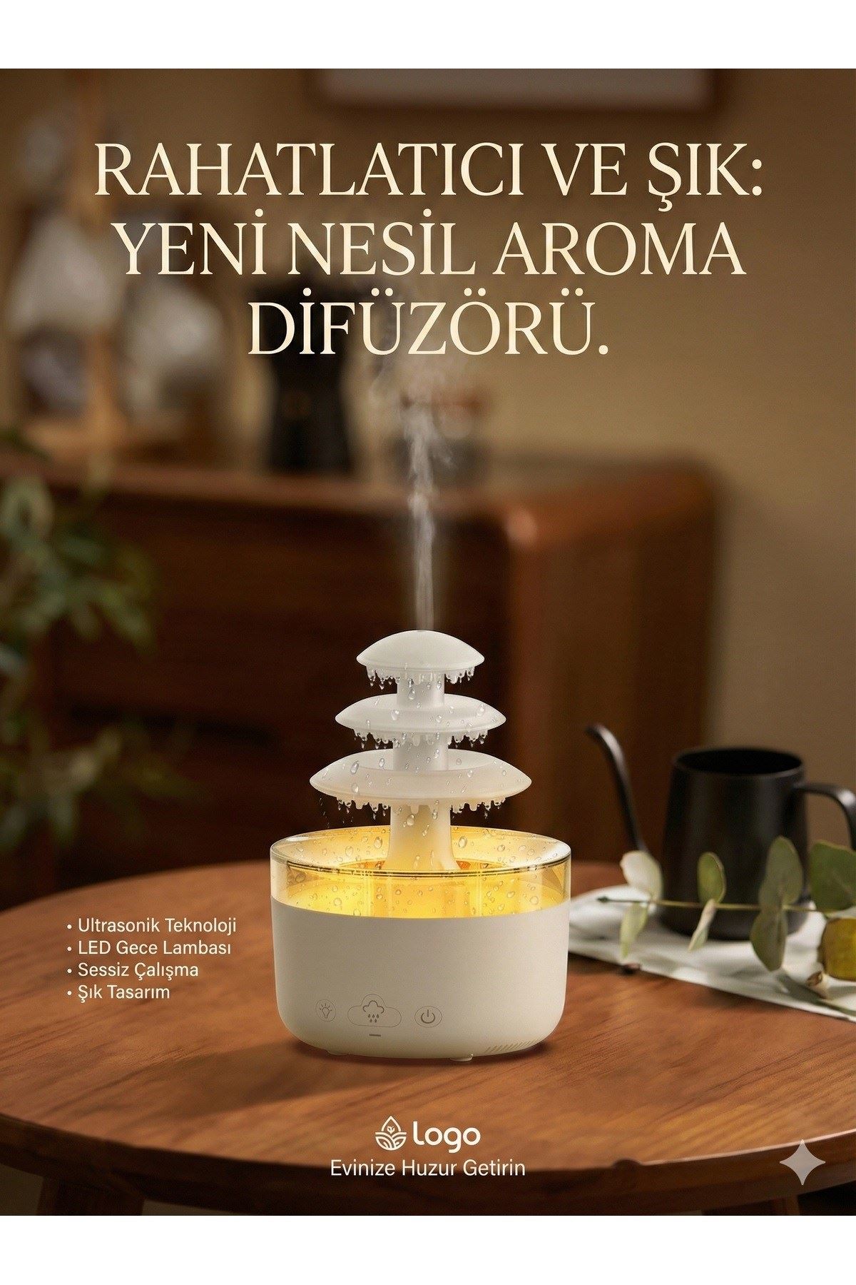 3 Katlı Şelale YAĞMUR Tasarımlı Ultrasonik Aroma Difüzör – 6 Renk LED Işıklı Hava Nemlendirici