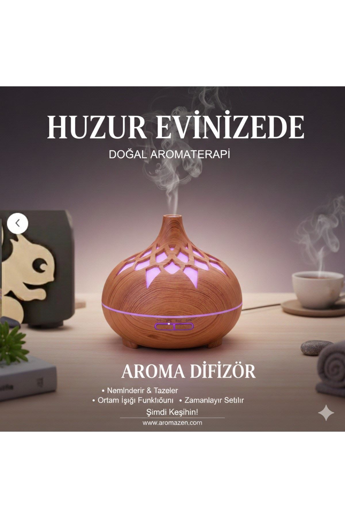 Aroma Difüzör Gece Işığı 7 Led DESENLİ Nemlendirici Kumandalı Buhar Makinesi 550 ml