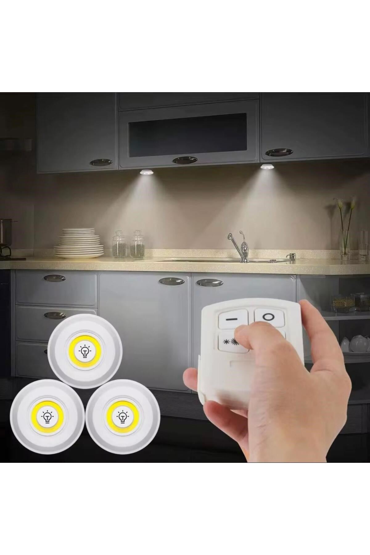 3 Lü Kumandalı Yapışkanlı Kablosuz Pilli Led Spot Lamba Işıldak