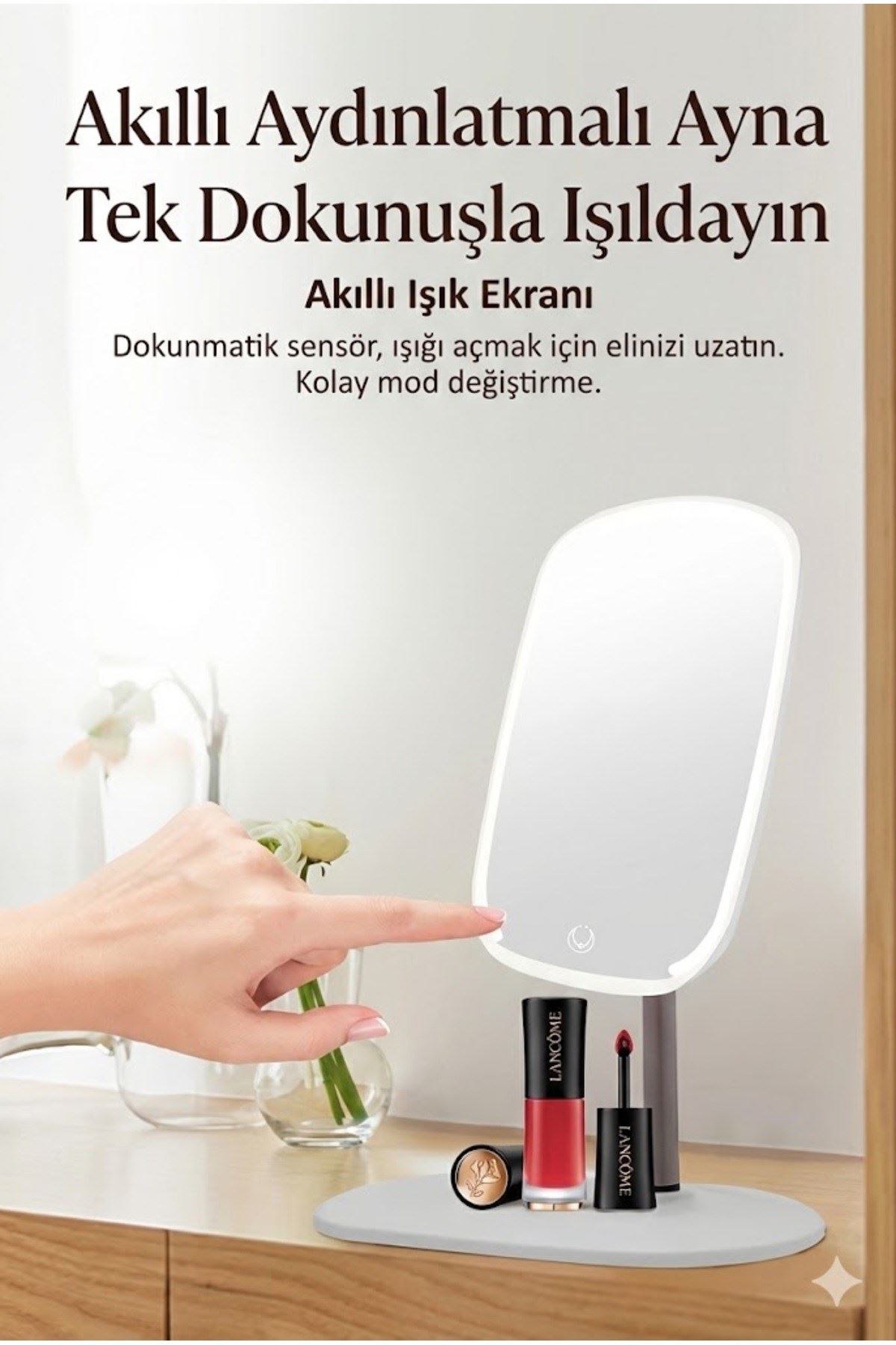 Dokunmatik led ışıklı makyaj aynası dikdörtgen 3 renk ışık LED MASA AYNASI
