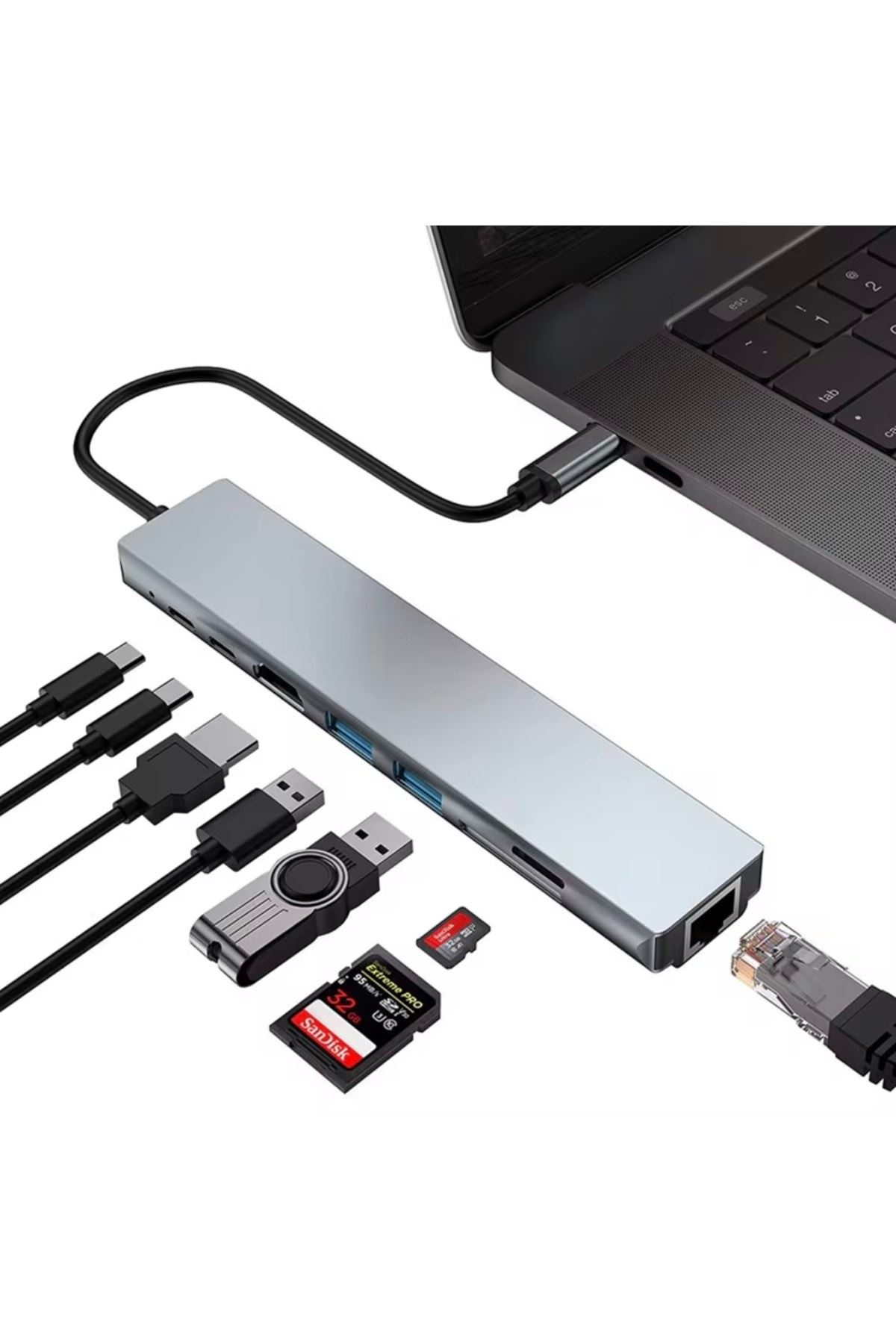 Type-C Çoklu Dönüştürücü – 87W PD, HDMI, 2x USB 3.0, RJ45, SD/TF Kart Girişli Hub