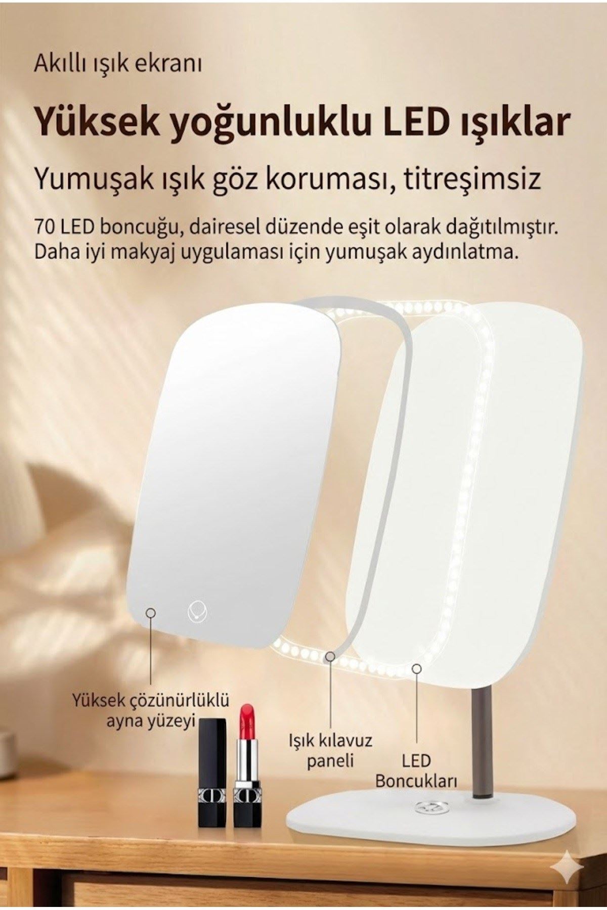 Dokunmatik led ışıklı makyaj aynası dikdörtgen 3 renk ışık LED MASA AYNASI