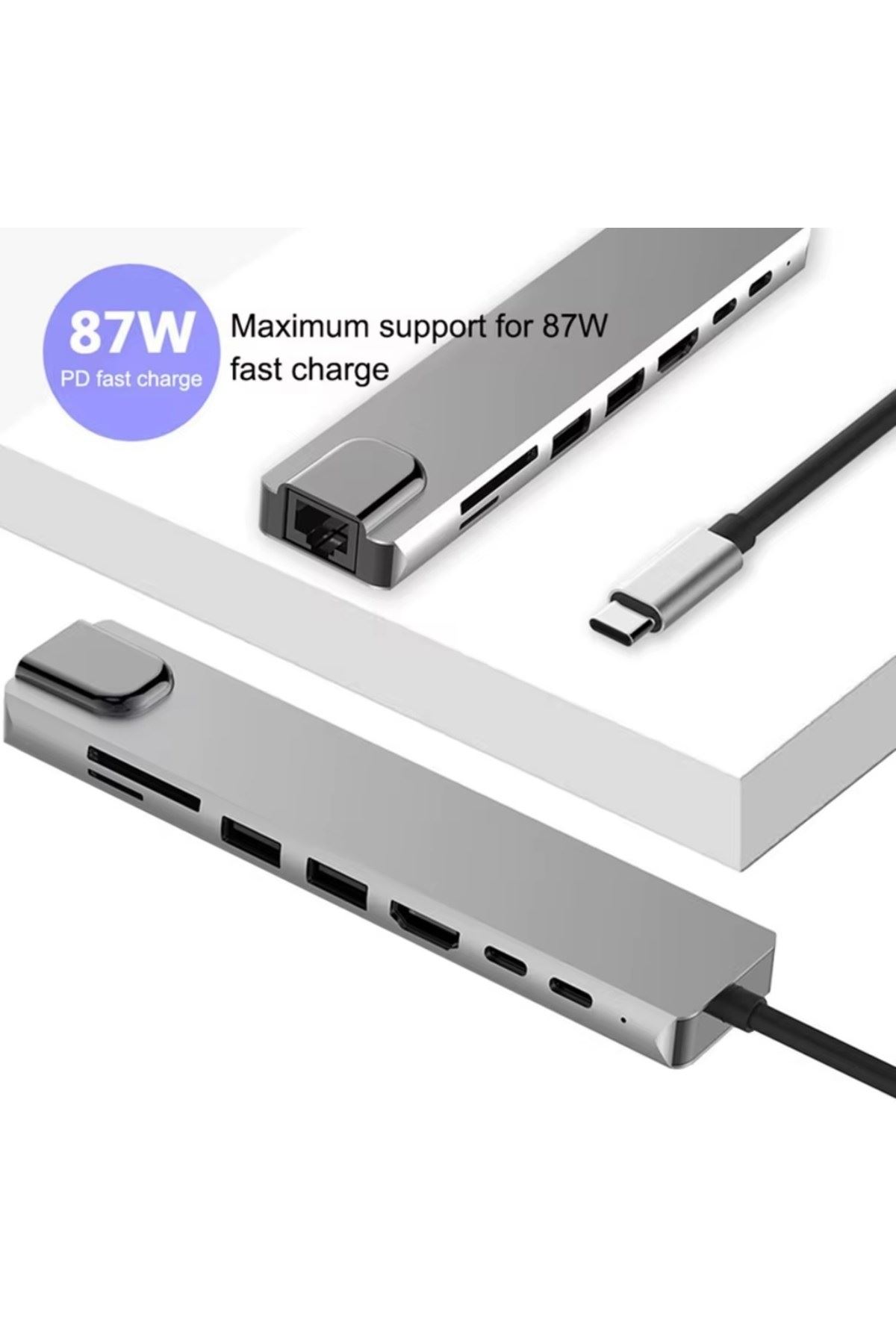 Type-C Çoklu Dönüştürücü – 87W PD, HDMI, 2x USB 3.0, RJ45, SD/TF Kart Girişli Hub