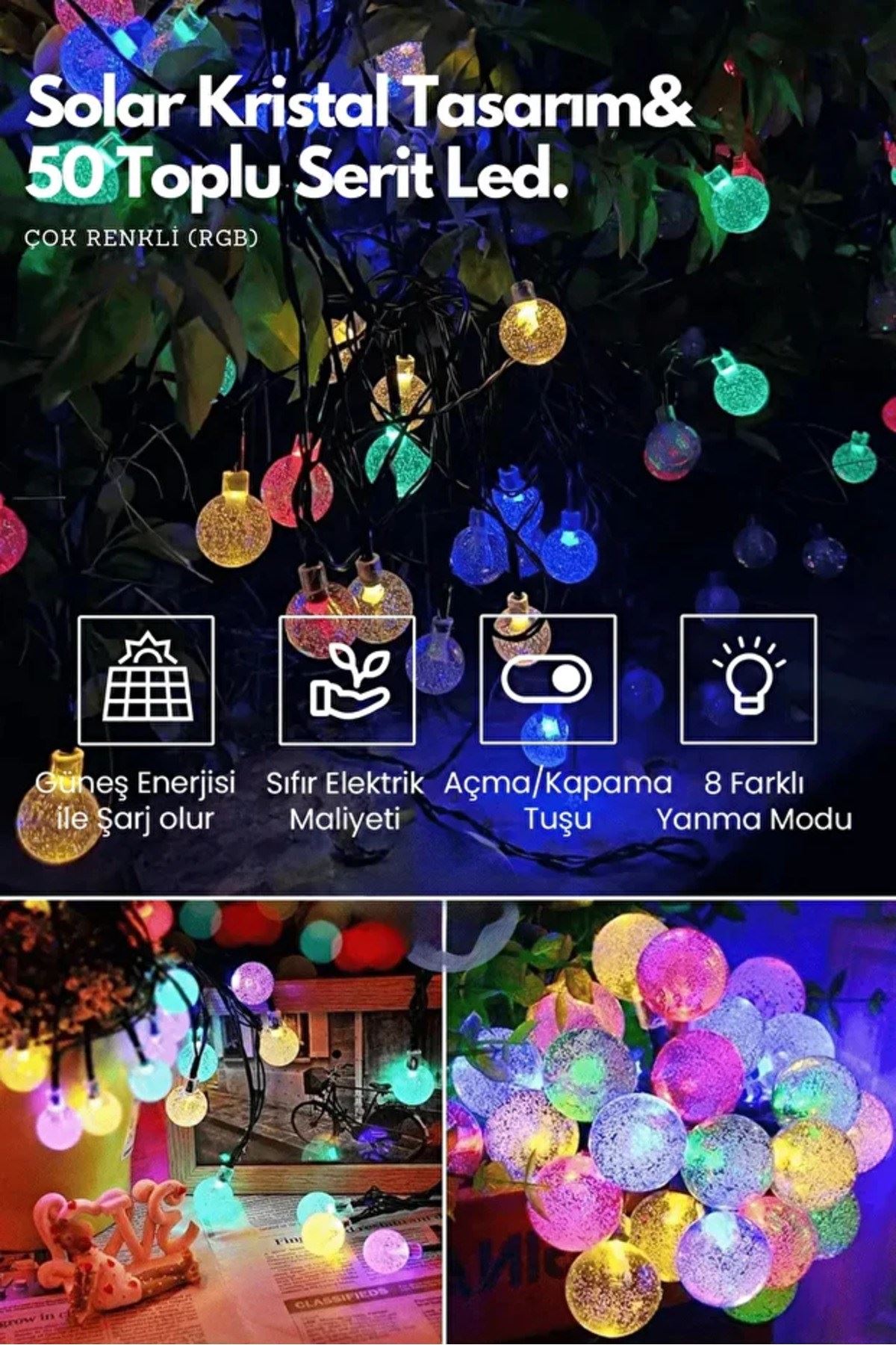 sonx 10 Metre 50 Top Güneş Enerjili Solar Led Işık Dekoratif Rgb