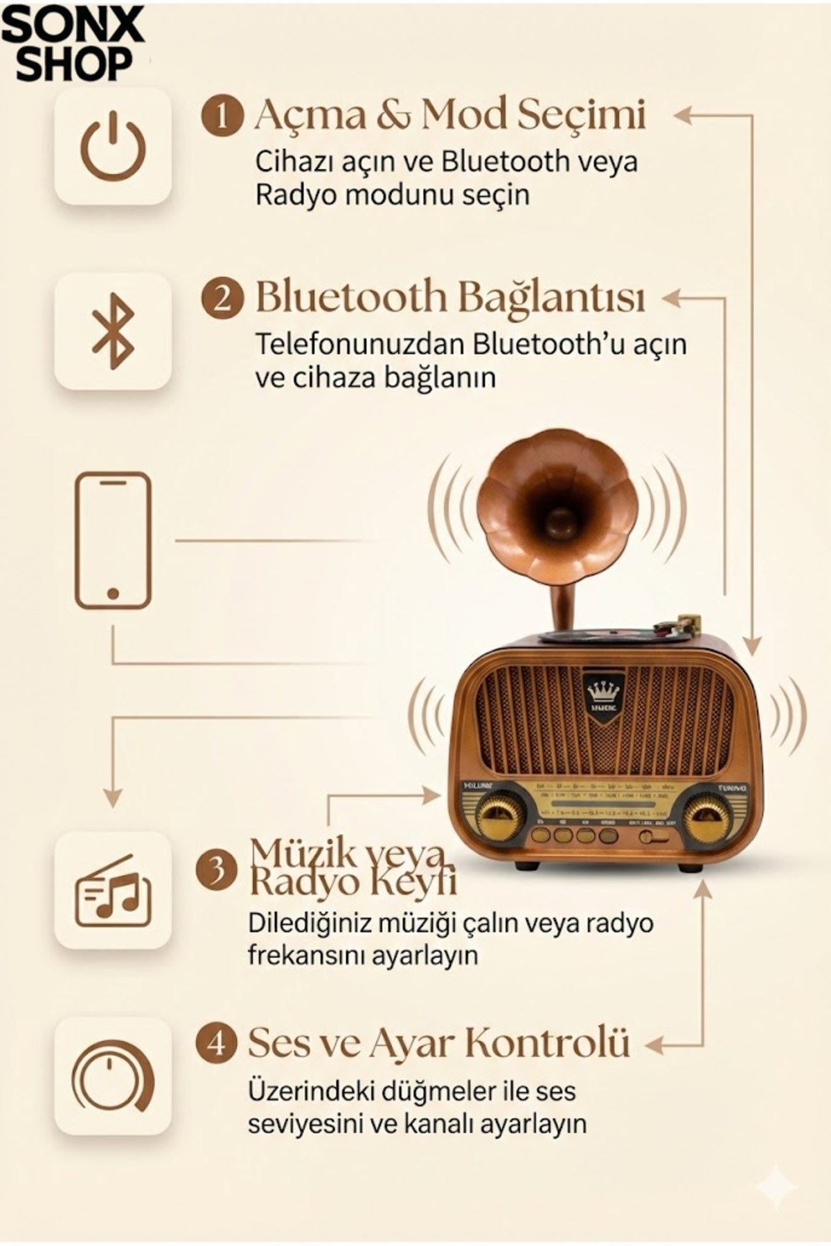Gramofon Tasarımlı Nostaljik Bluetooth Radyo Hoparlör Müzik Çalar
