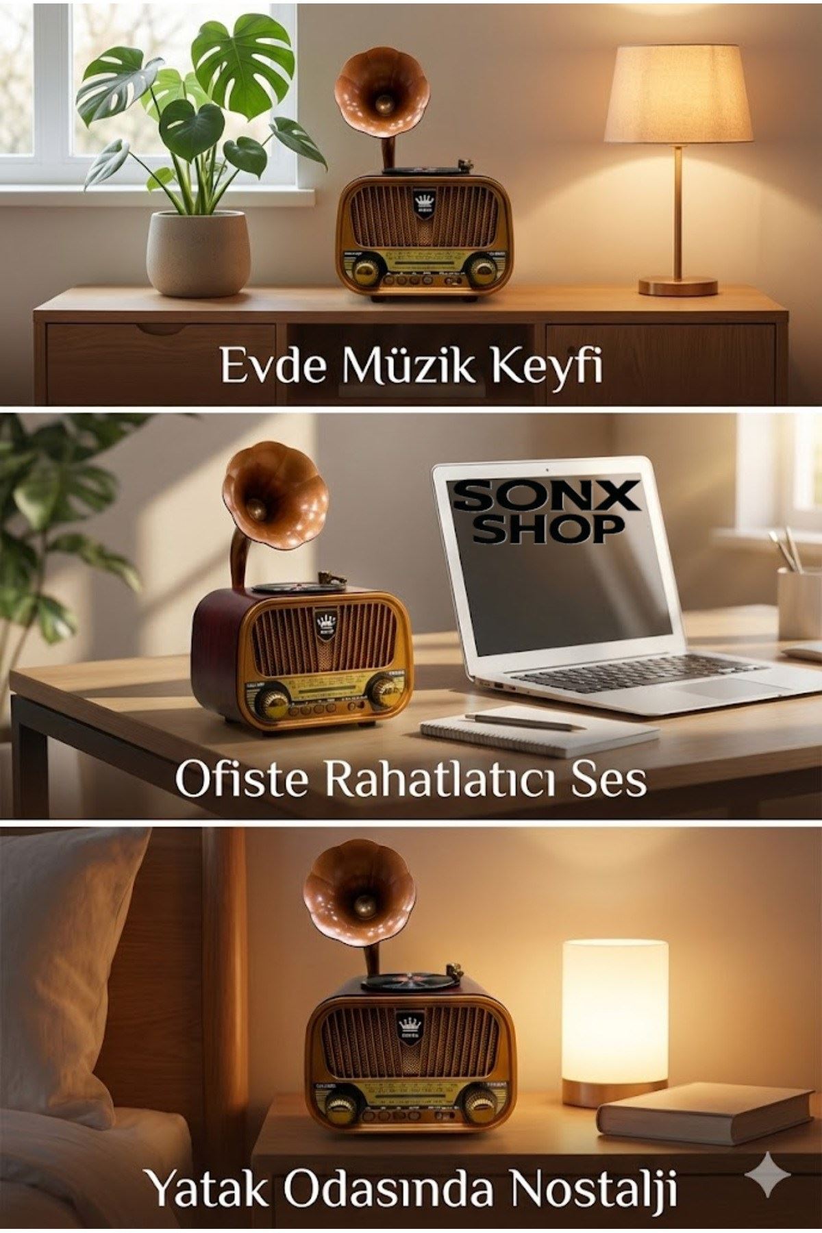 Gramofon Tasarımlı Nostaljik Bluetooth Radyo Hoparlör Müzik Çalar