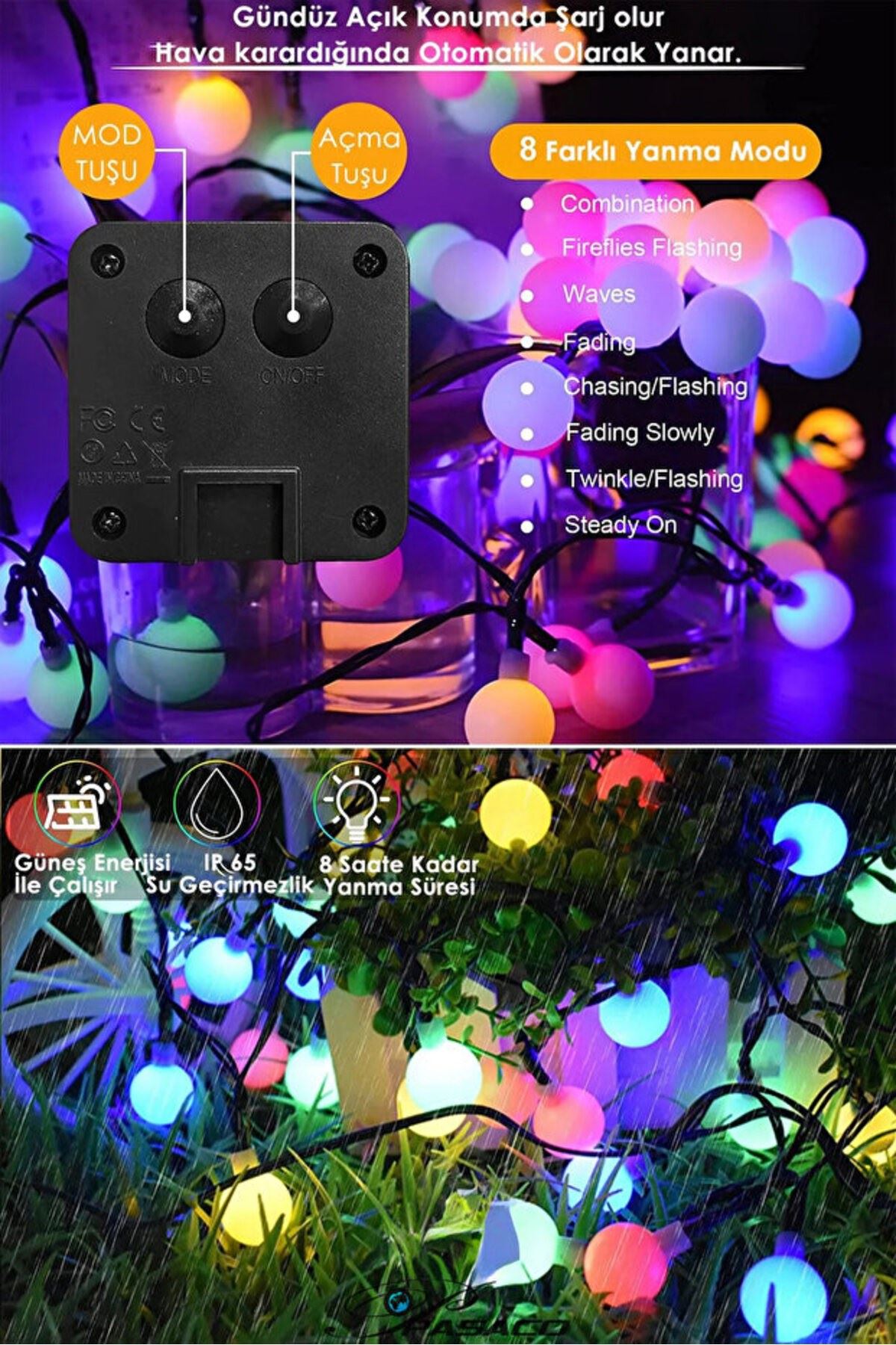 sonx 10 Metre 50 Top Güneş Enerjili Solar Led Işık Dekoratif Rgb