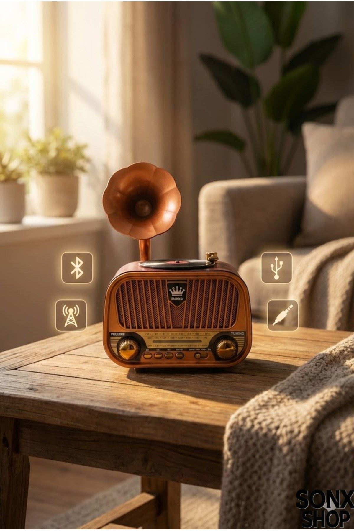 Gramofon Tasarımlı Nostaljik Bluetooth Radyo Hoparlör Müzik Çalar