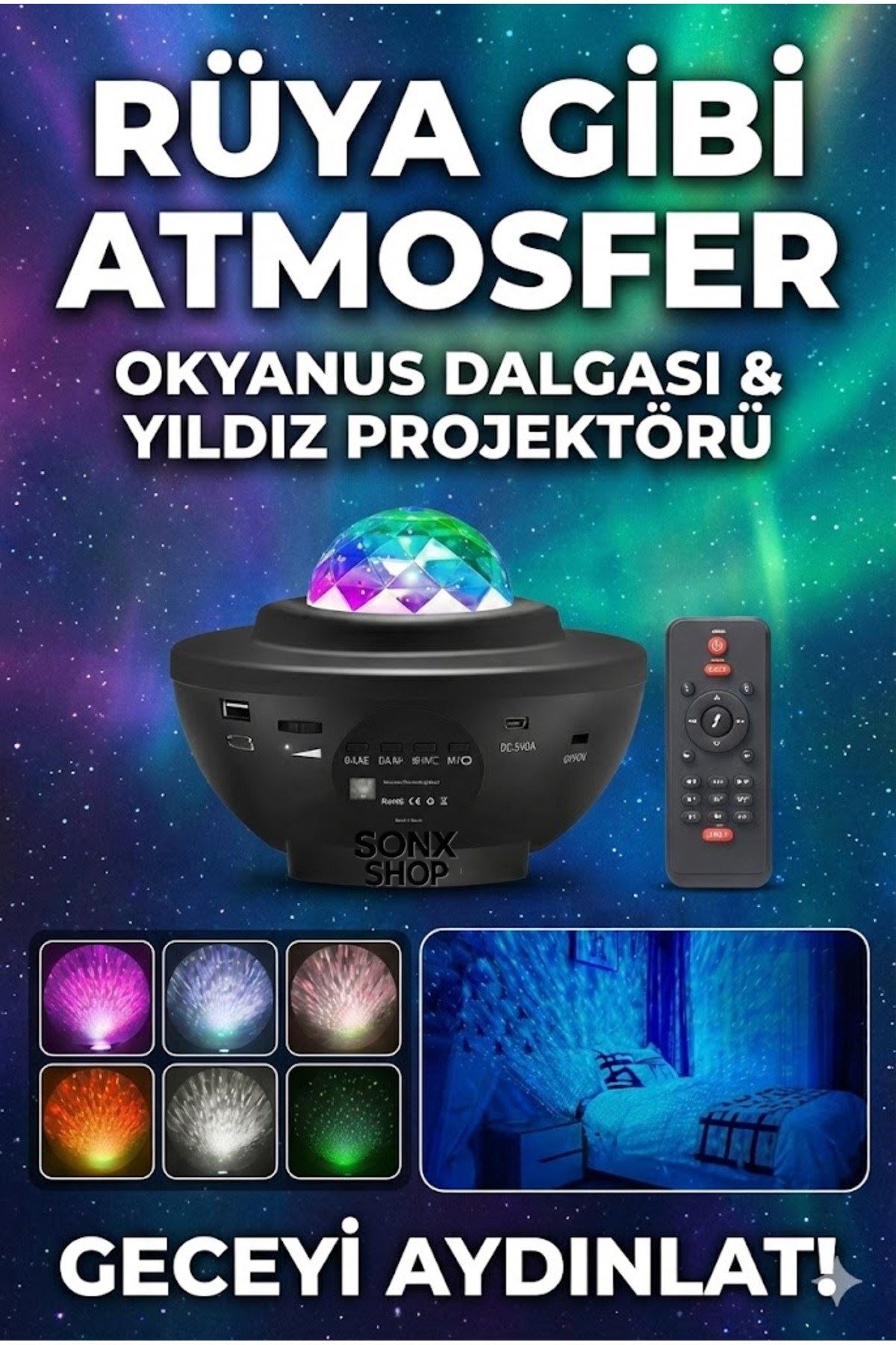 Galaksi Yıldız Projektörü ve Bluetooth Hoparlör 10 Renk Modlu Okyanus Dalgalı Gece & Disko Lambası