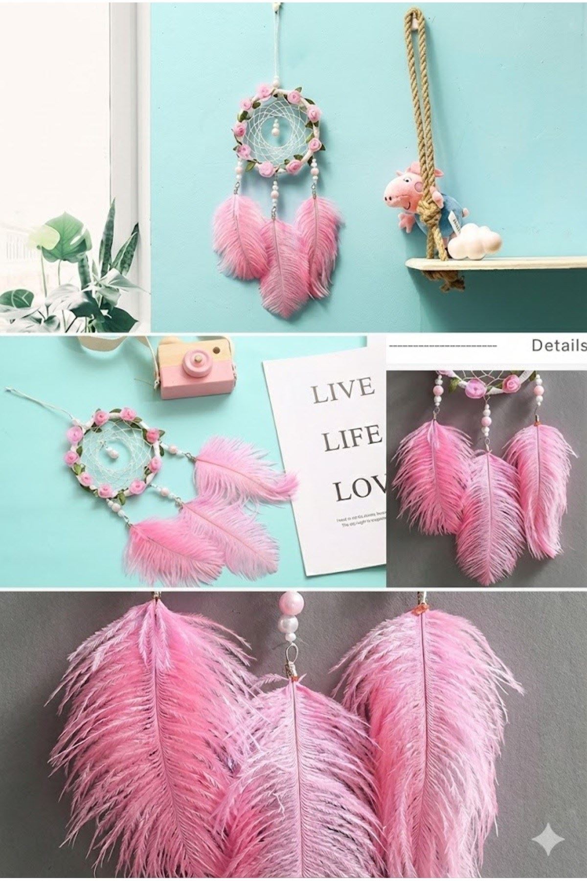 Işıklı Pembe Gül Detaylı El Yapımı Rüya Kapanı - Romantik Duvar Süsü & Hediyelik Düş Kapanı