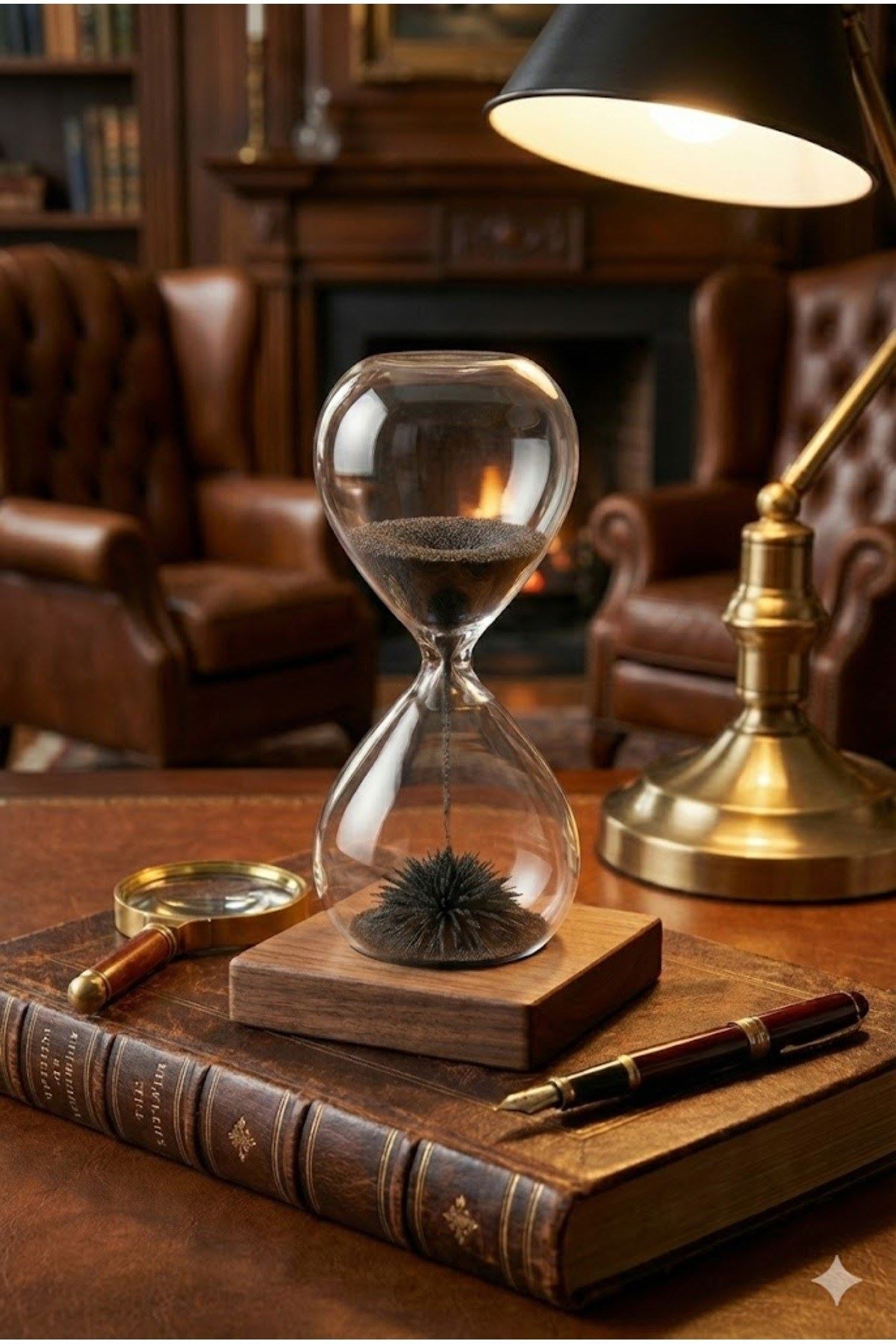 Manyetik Kum Saati Mıknatıslı Ahşap Standlı Dekoratif Masaüstü Hediyelik Süs Eşyası (14 cm)