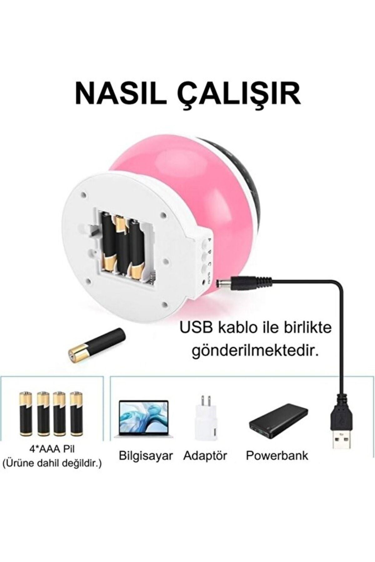 Ay ve Yıldızlı Gökyüzü Yansıtmalı Dönen Projeksiyon Gece Lambası- Çocuk Bebek Odası Pembe