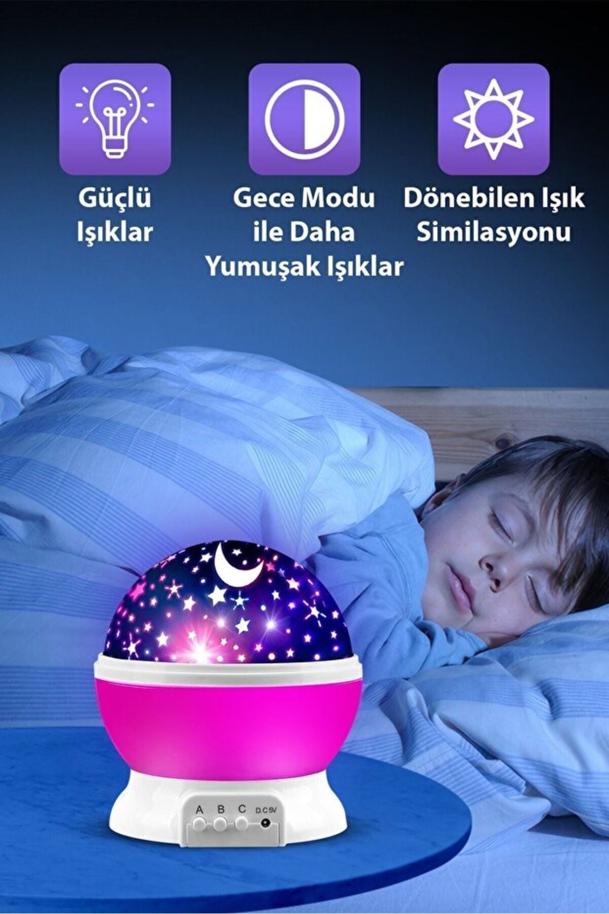 Ay ve Yıldızlı Gökyüzü Yansıtmalı Dönen Projeksiyon Gece Lambası- Çocuk Bebek Odası Pembe