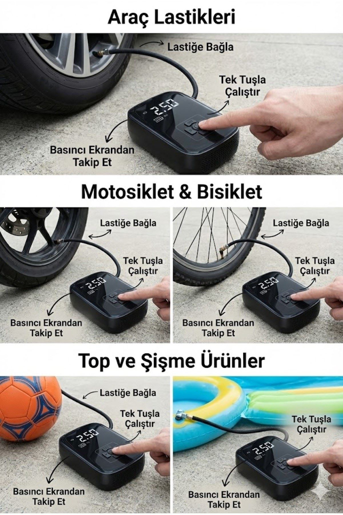 Dijital Şarjlı Araç Lastik Hava Pompası Kompresör Taşınabilir LED Ekranlı