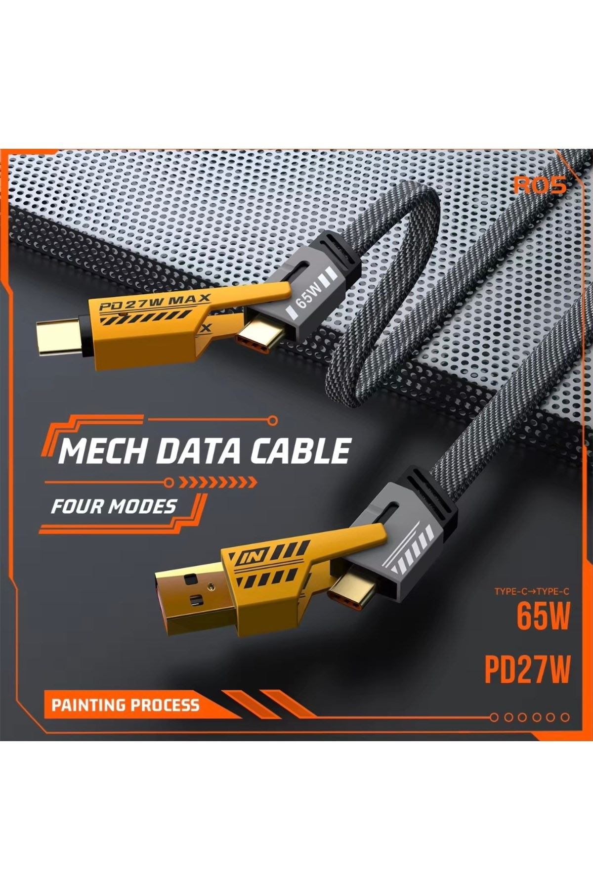 4’ü 1 Arada 65W Hızlı Şarj Kablosu – USB ve Type-C Girişli, Örgülü Dayanıklı