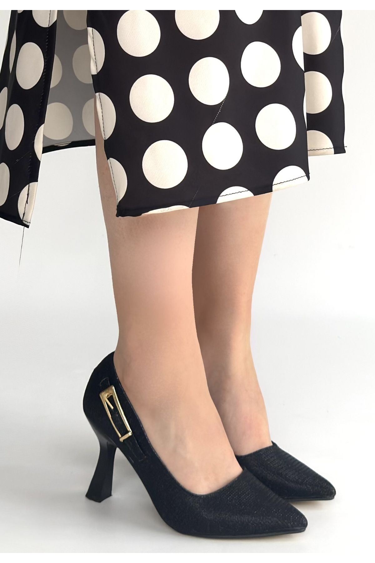 Cerin Siyah Saten Simli Topuklu Ayakkabı