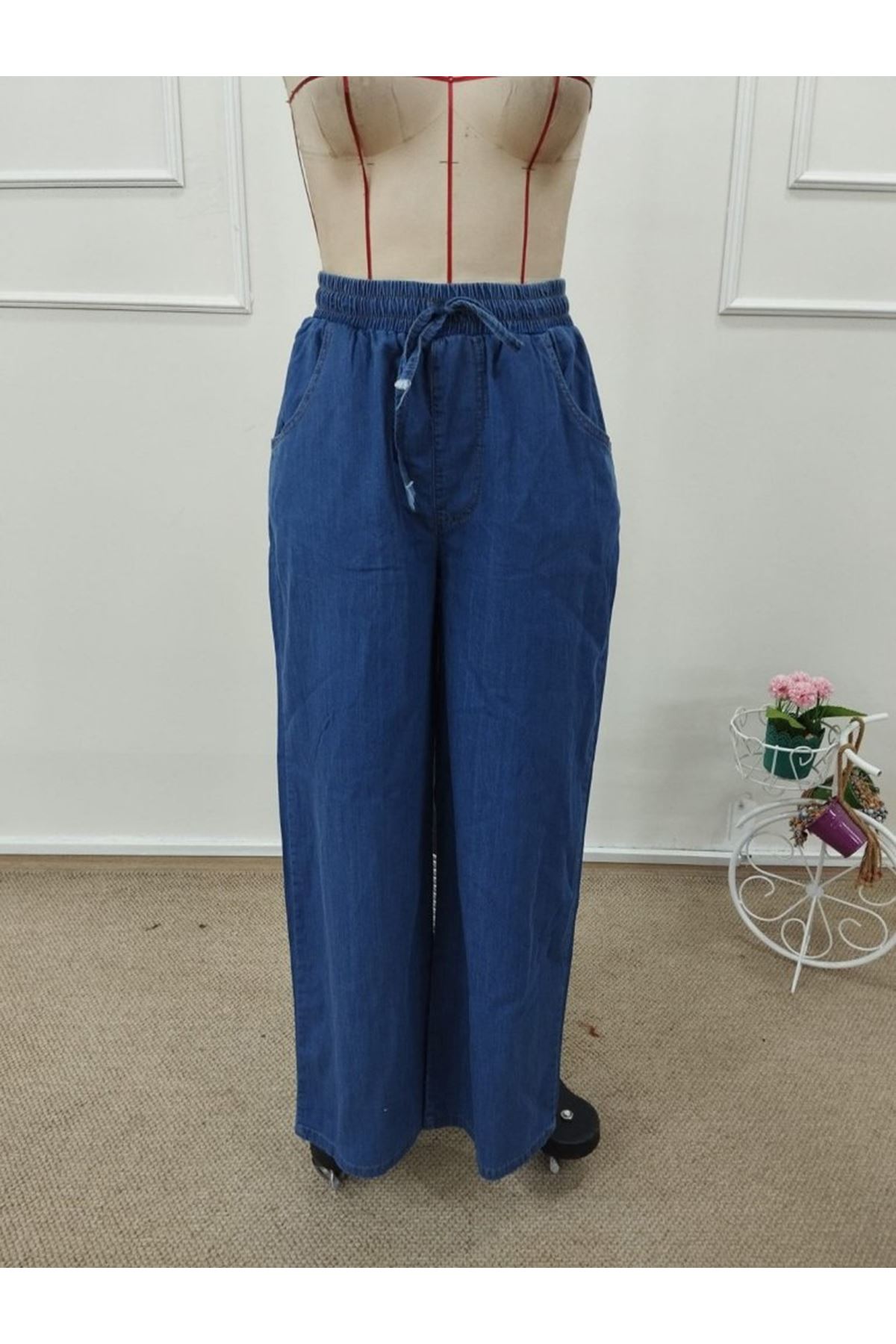 Kadın Yüksek Bel Lastikli Bağcıklı Kot Pantolon