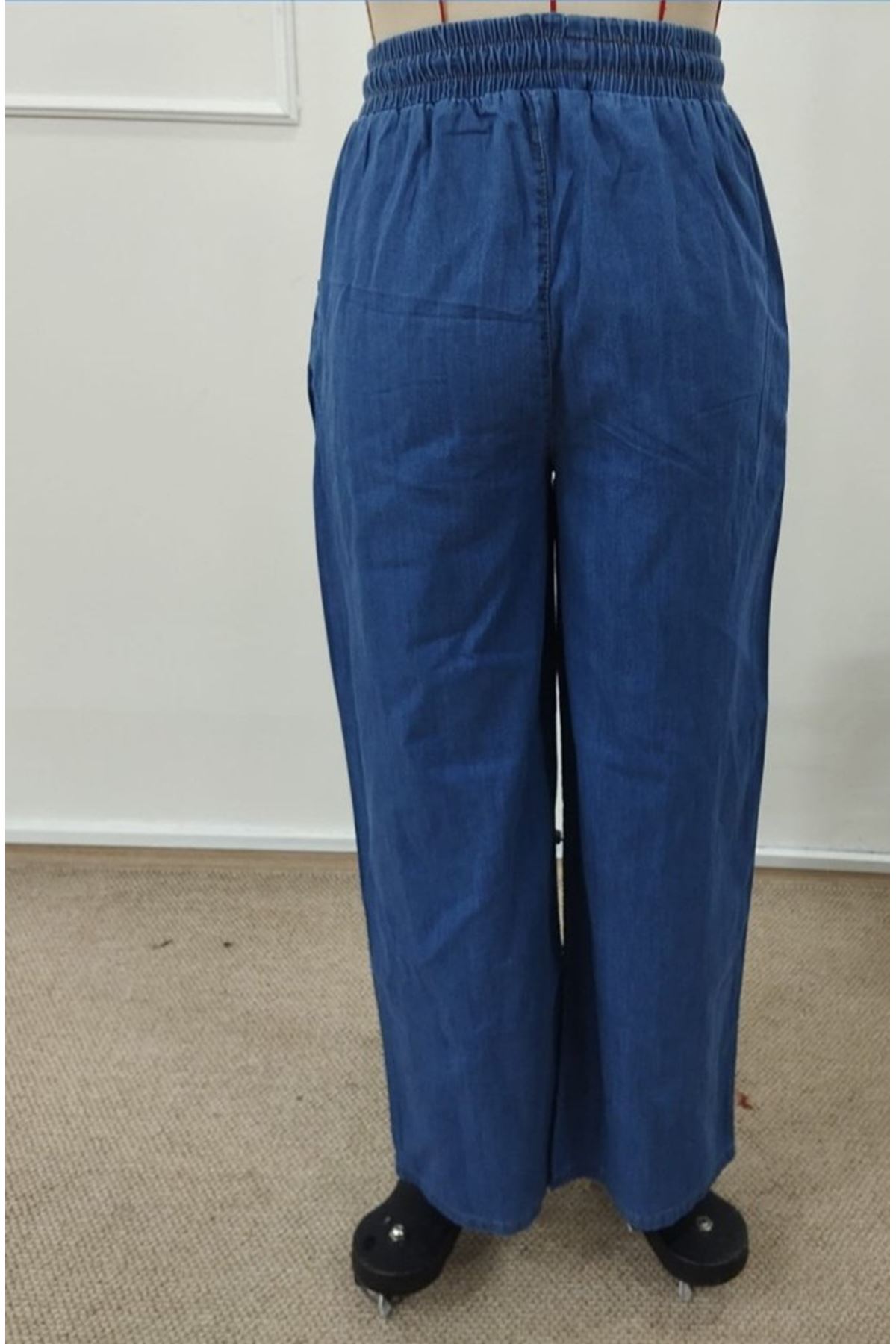 Kadın Yüksek Bel Lastikli Bağcıklı Kot Pantolon