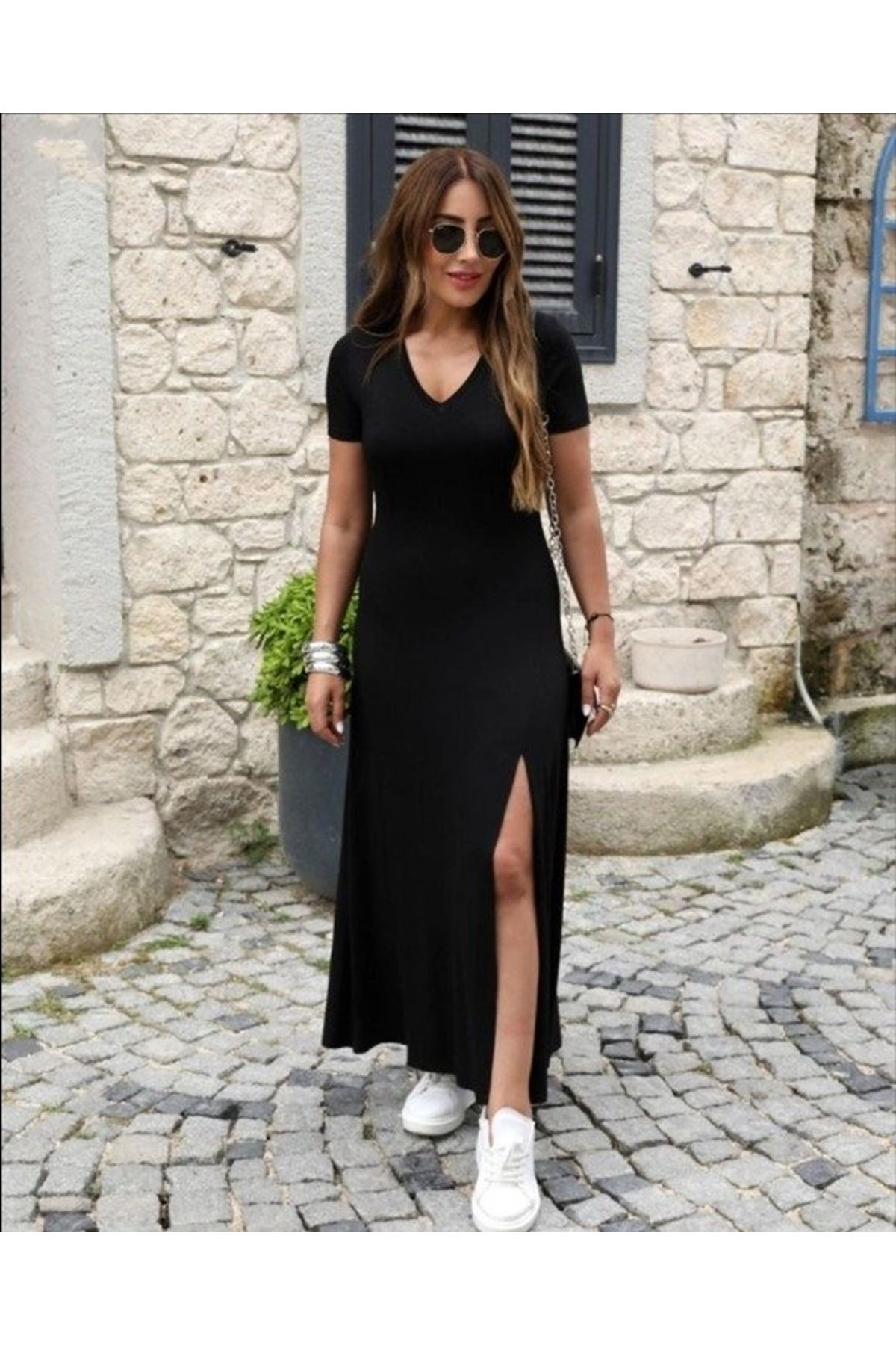 Kadın Kısa Kollu V Yakalı Maksi Boy Viskon Elbise
