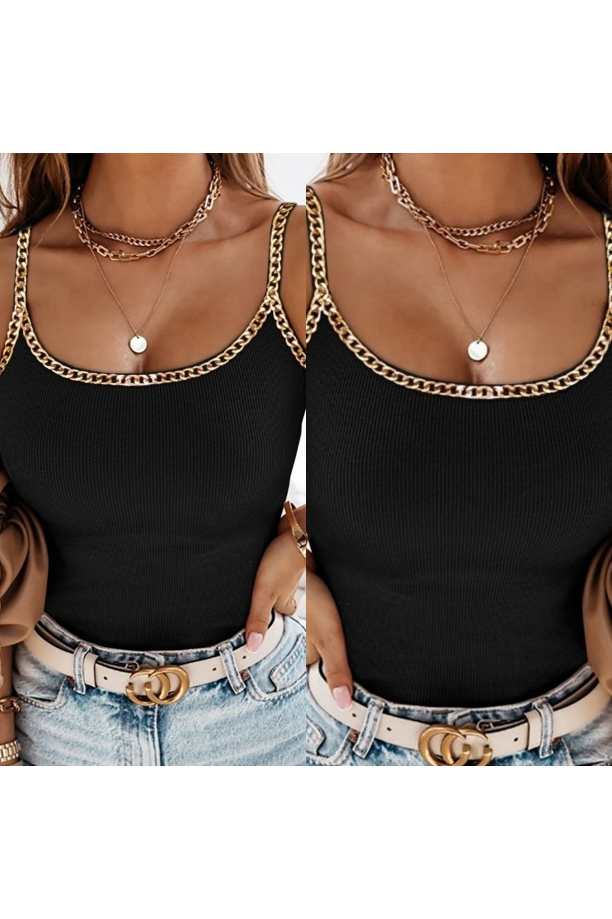 Kadın Askılı U Yaka Zincir şeritli Kaşkorse Bluz