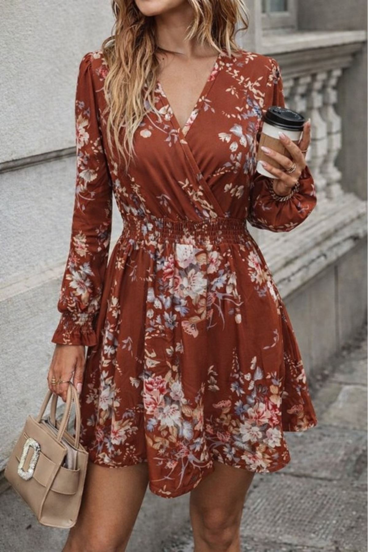 Kadın Uzun Kollu Kruvaze Yakalı çiçek Desenli Mini Süprem Elbise