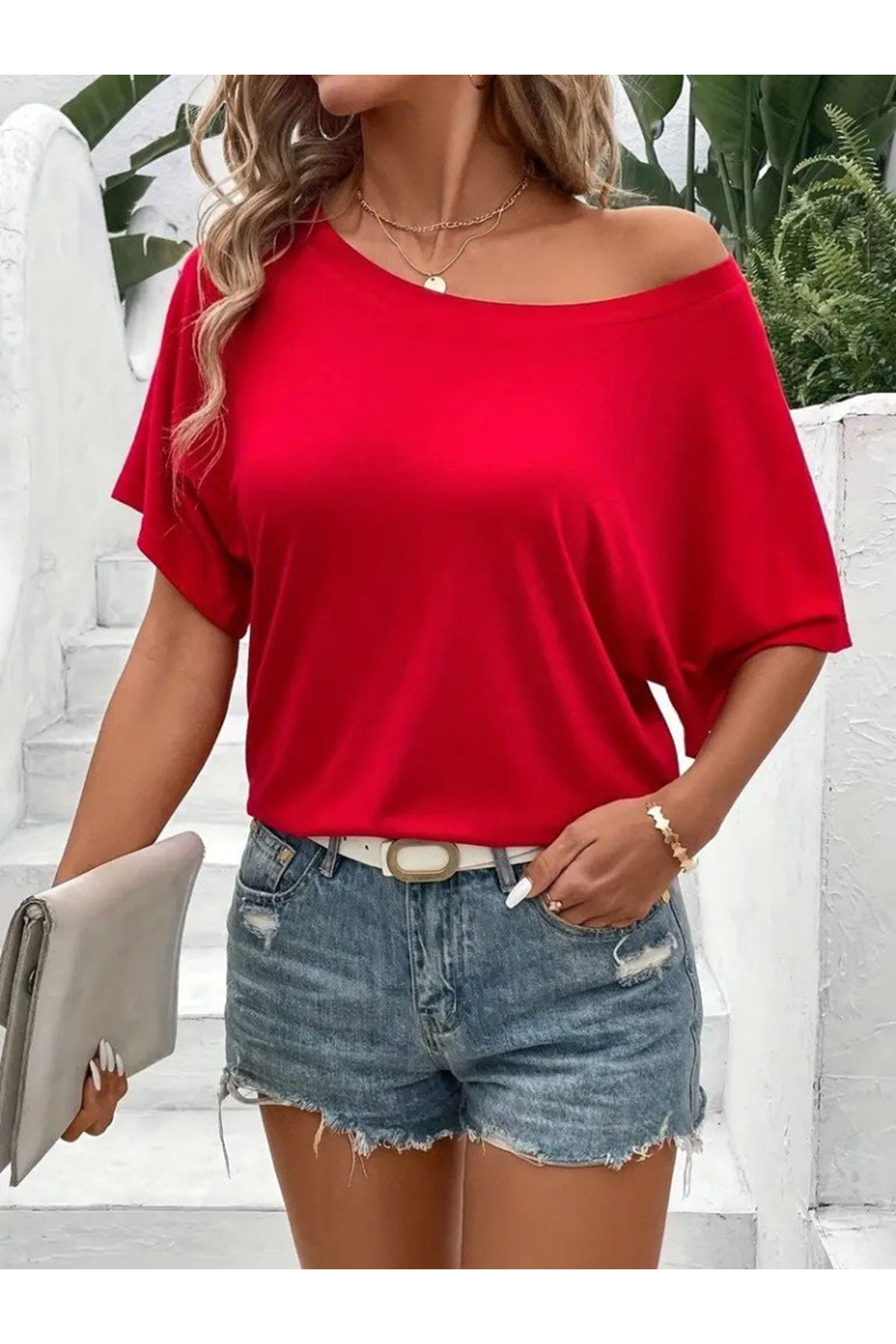 Kadın Tek Omuzu Açık Kısa Kollu Salaş Viskon Bluz