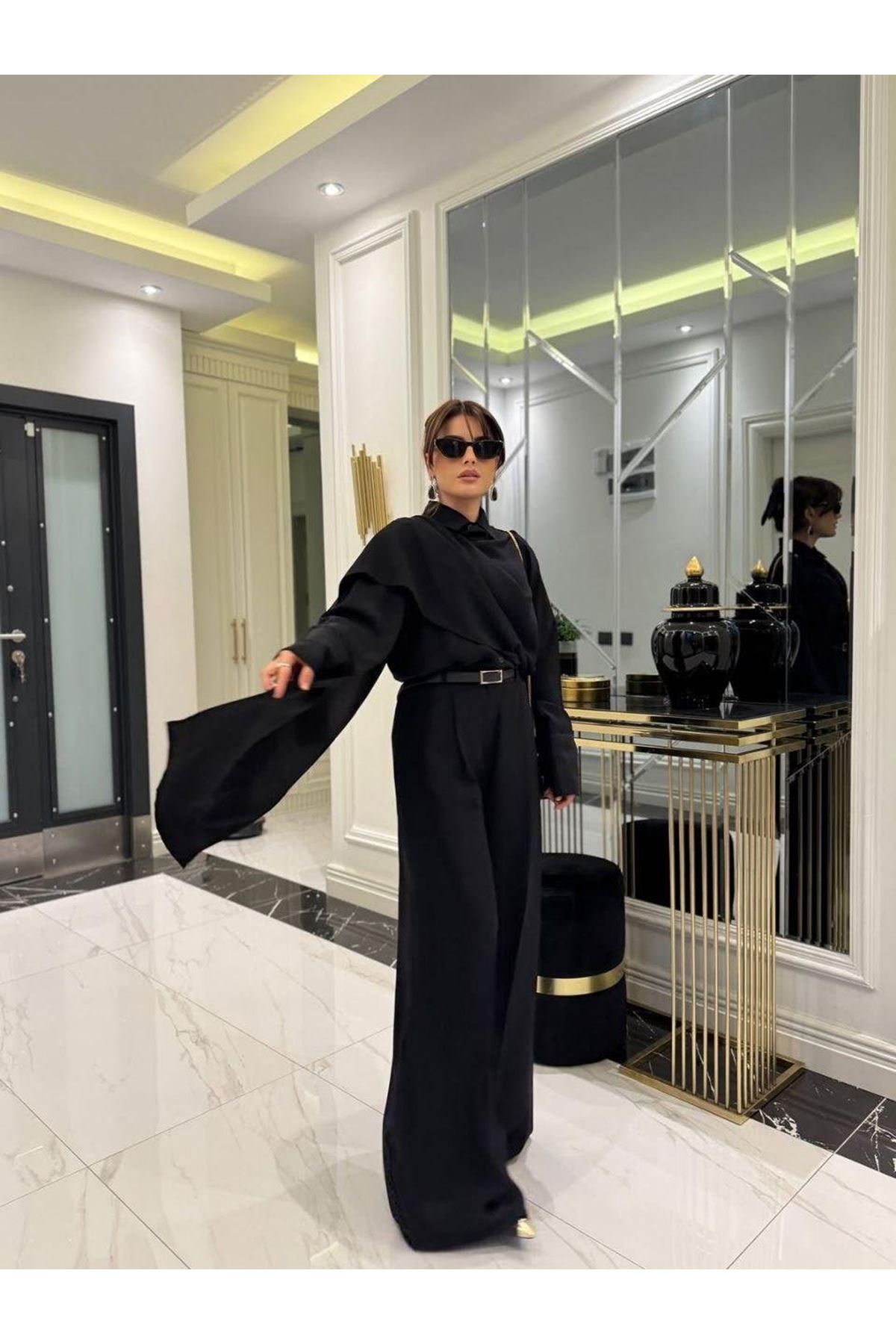 Kadın Uzun Kollu şal Detaylı Bluz Ve Pantolon Kemer Dahil Ikili Takım