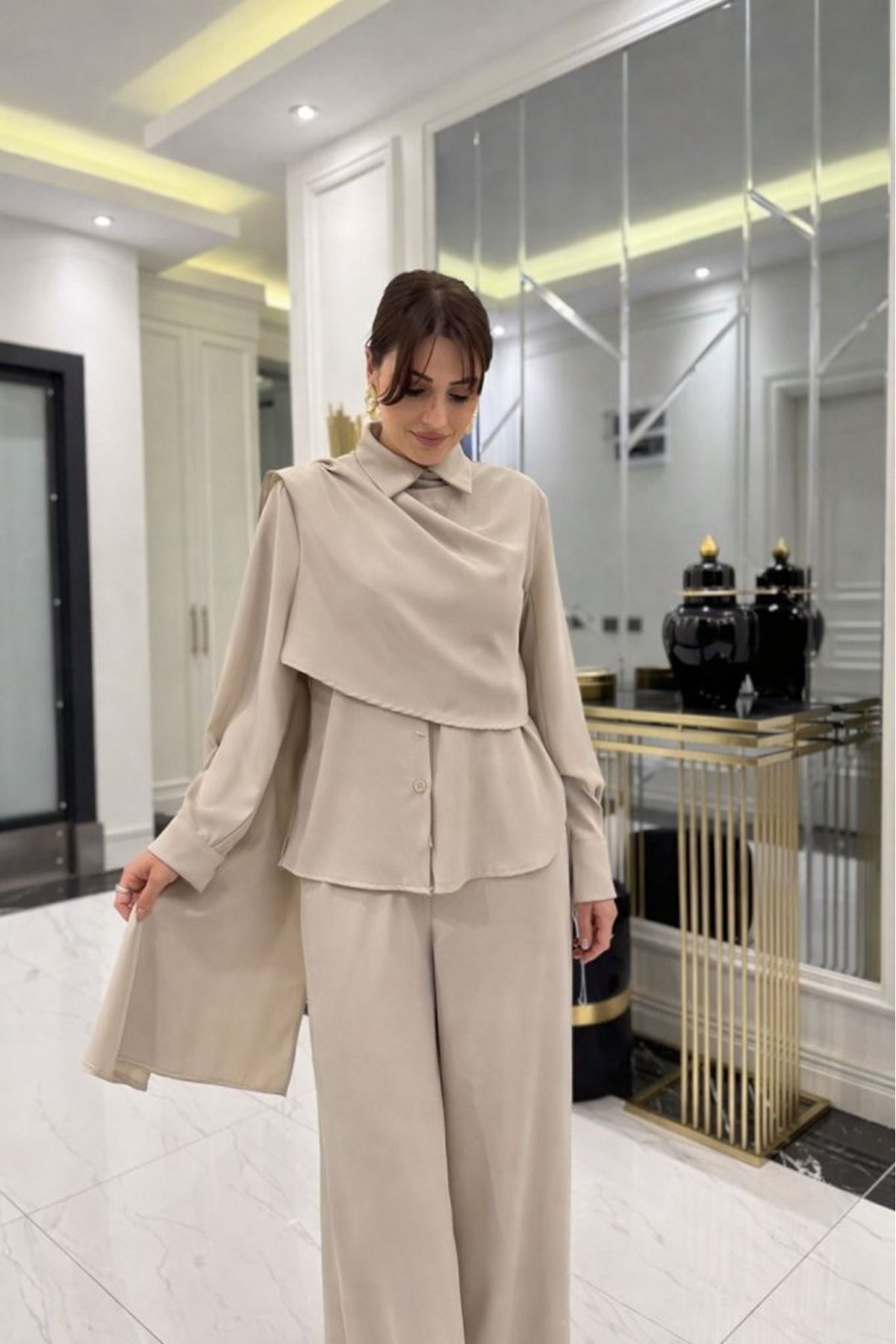 Kadın Uzun Kollu şal Detaylı Bluz Ve Pantolon Kemer Dahil Ikili Takım