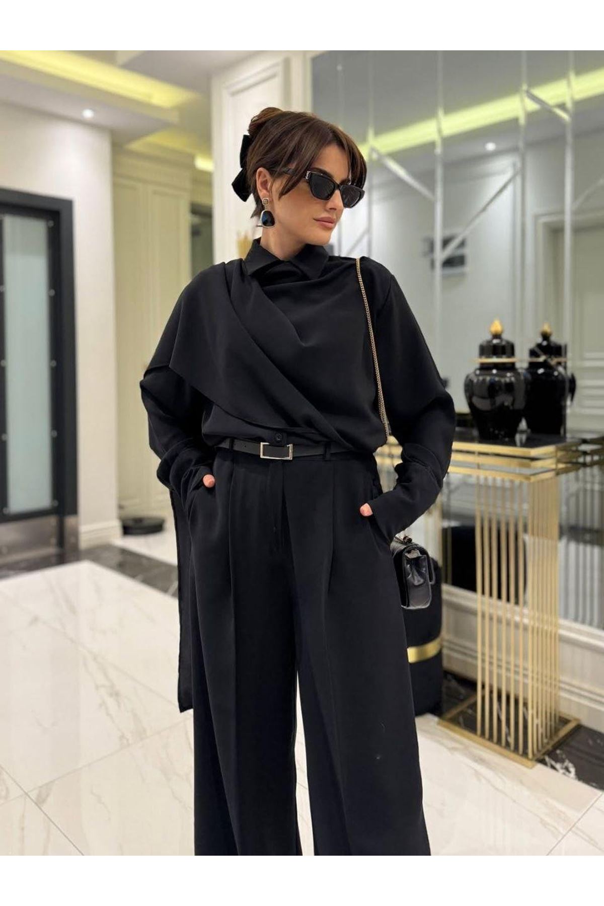 Kadın Uzun Kollu şal Detaylı Bluz Ve Pantolon Kemer Dahil Ikili Takım