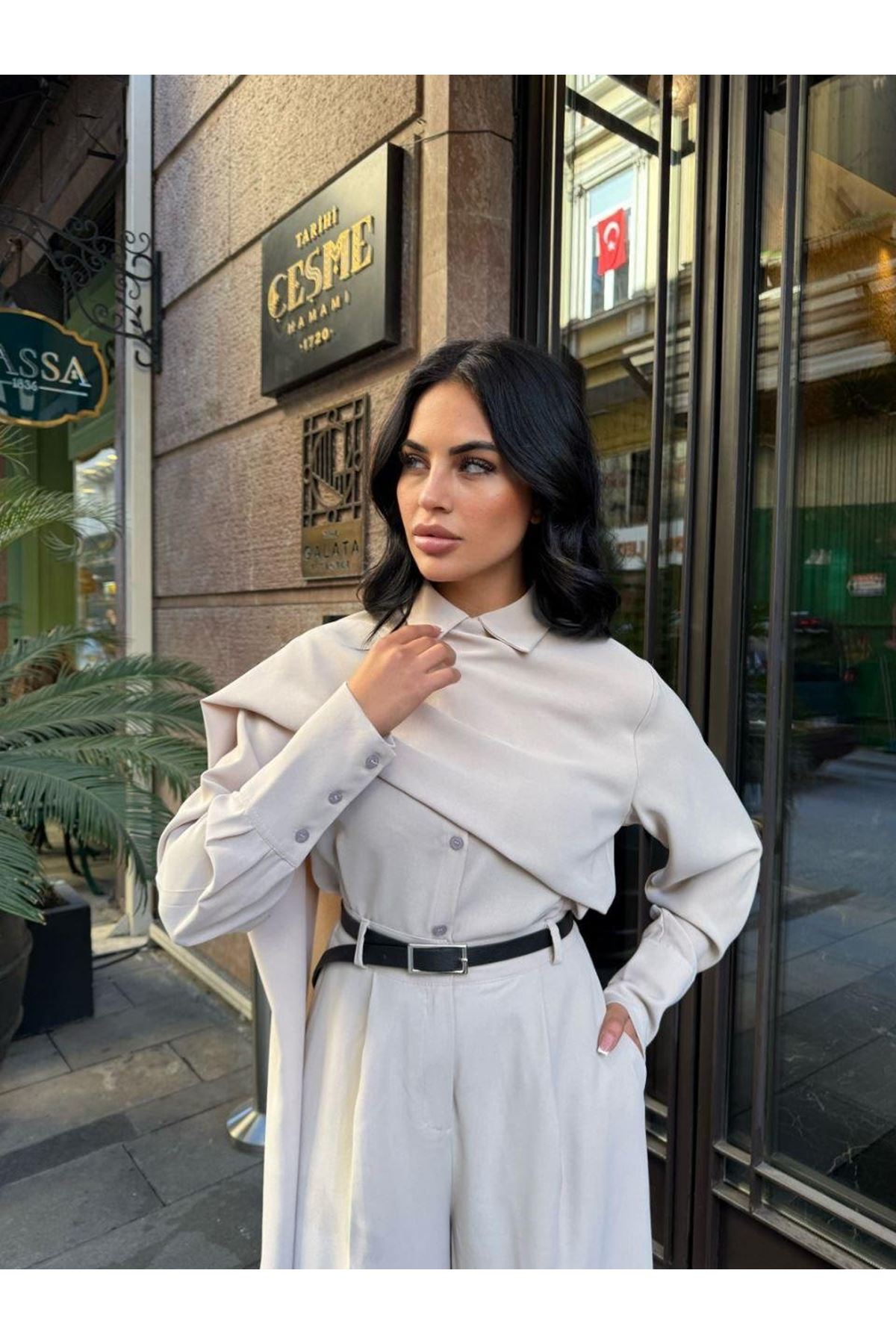 Kadın Uzun Kollu şal Detaylı Bluz Ve Pantolon Kemer Dahil Ikili Takım