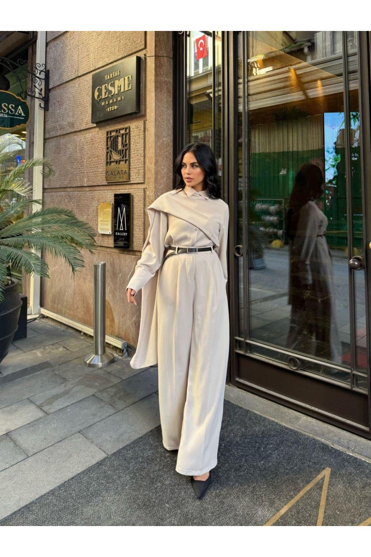 Kadın Uzun Kollu şal Detaylı Bluz Ve Pantolon Kemer Dahil Ikili Takım