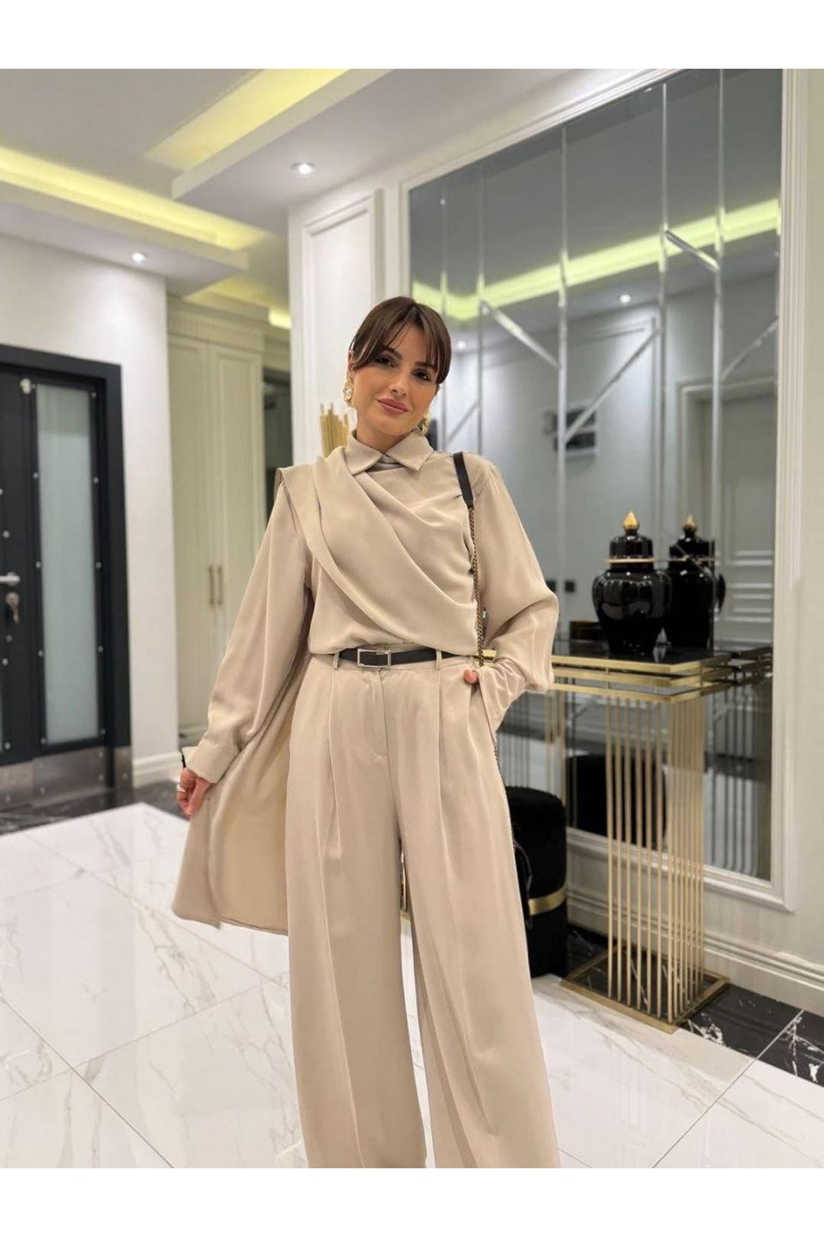 Kadın Uzun Kollu şal Detaylı Bluz Ve Pantolon Kemer Dahil Ikili Takım