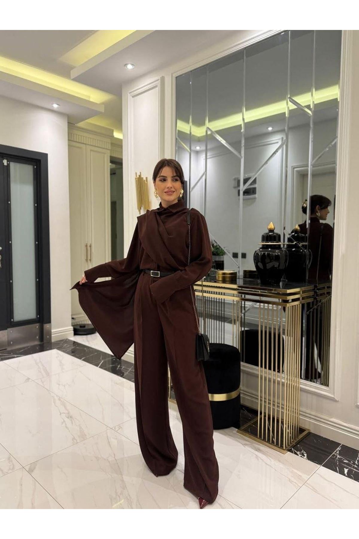 Kadın Uzun Kollu şal Detaylı Bluz Ve Pantolon Kemer Dahil Ikili Takım