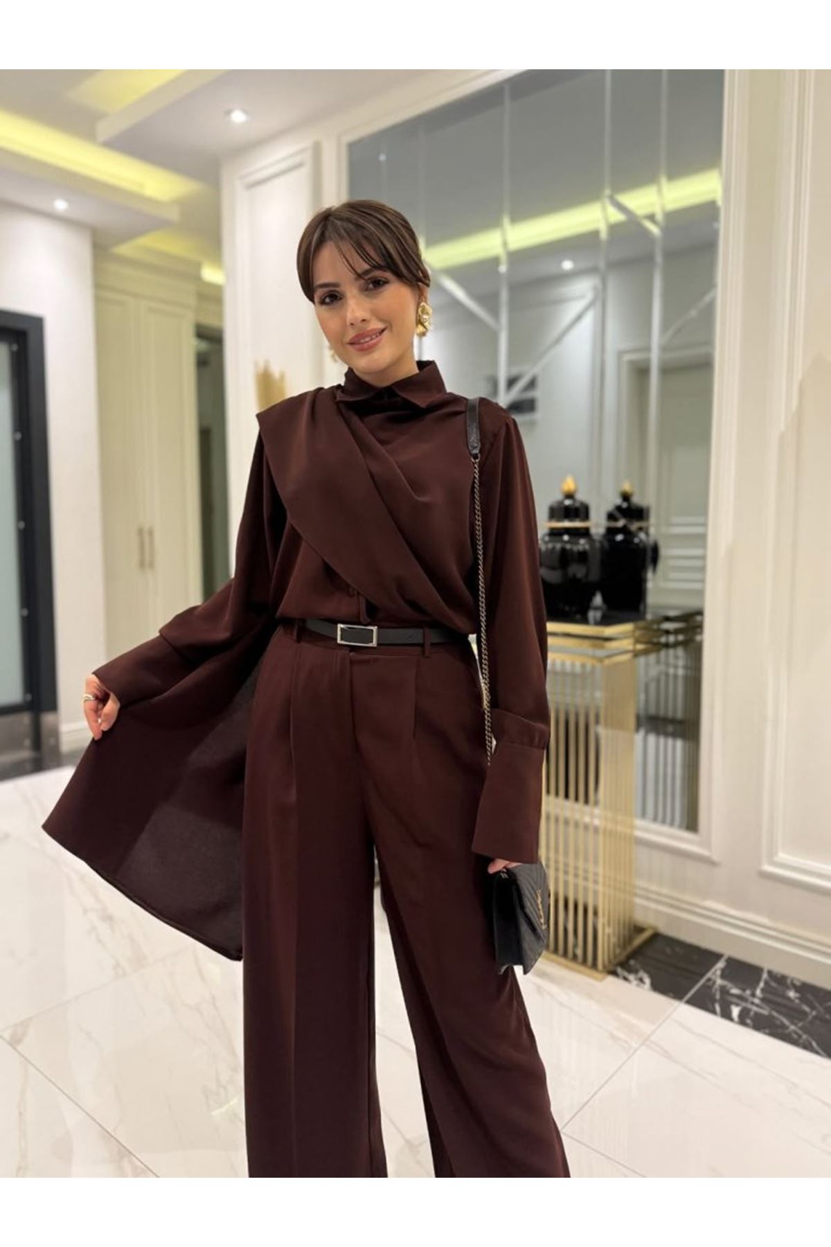 Kadın Uzun Kollu şal Detaylı Bluz Ve Pantolon Kemer Dahil Ikili Takım