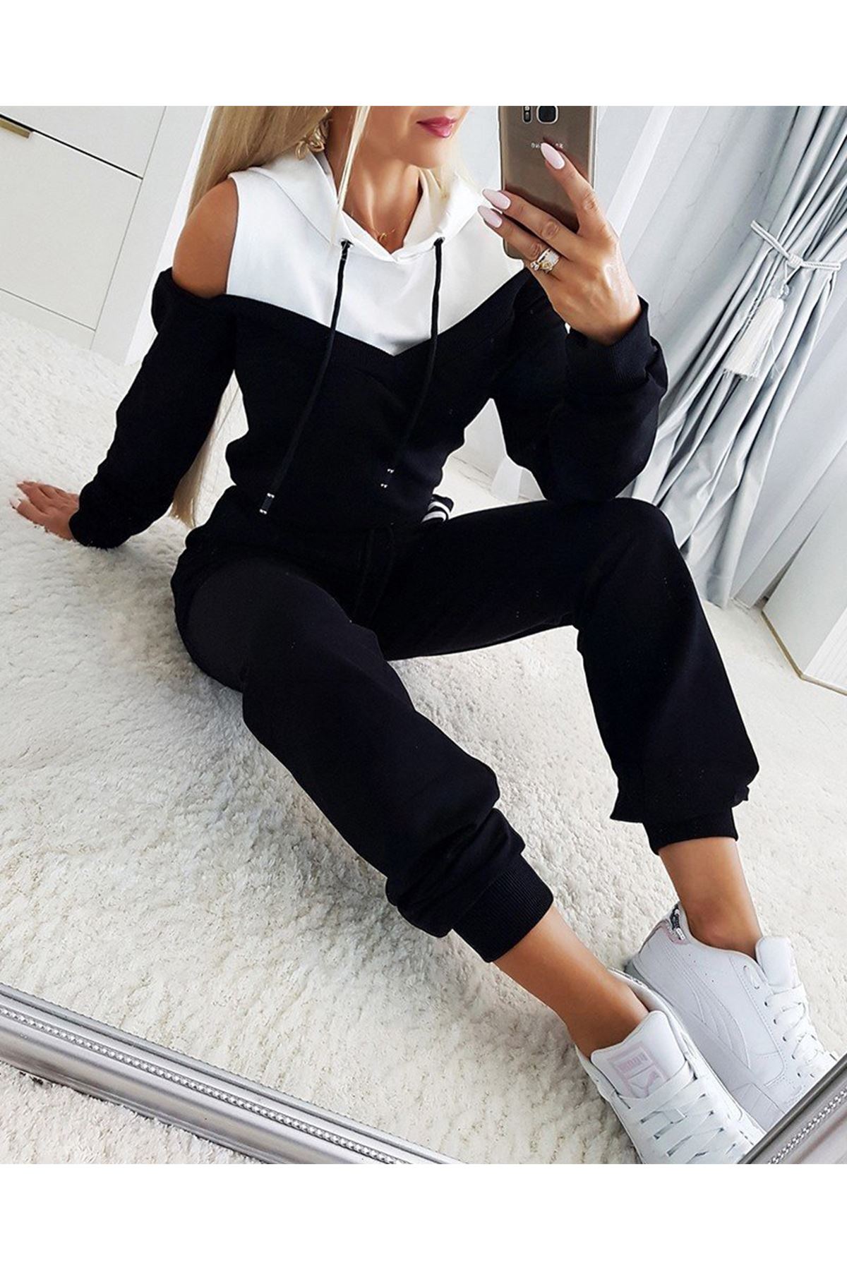 Kadın Uzun Kollu Omuzlardan Açık Kapşonlu Bağcıklı çift Renkli Viskon Iki Iplik Bluz Ve Pantolon Ikili Takım