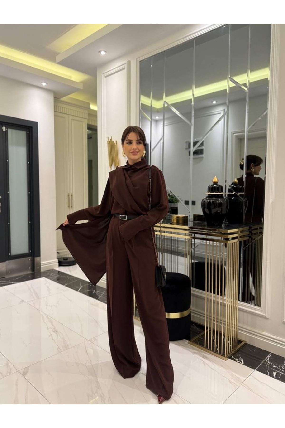 Kadın Uzun Kollu şal Detaylı Bluz Ve Pantolon Kemer Dahil Ikili Takım