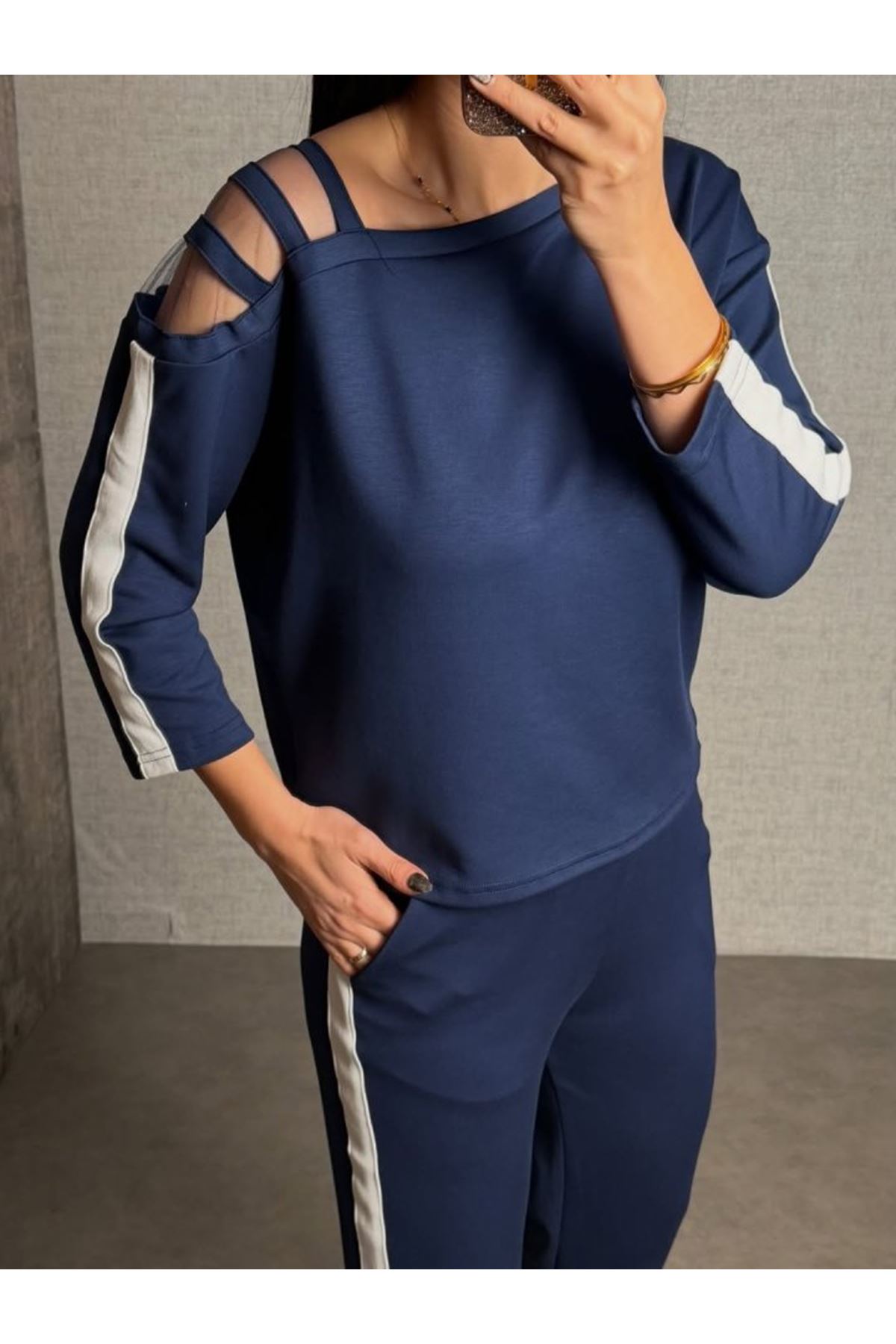 Kadın Uzun Kollu Kolu Tül Yanları şerit Detay Modal Ikili Takım