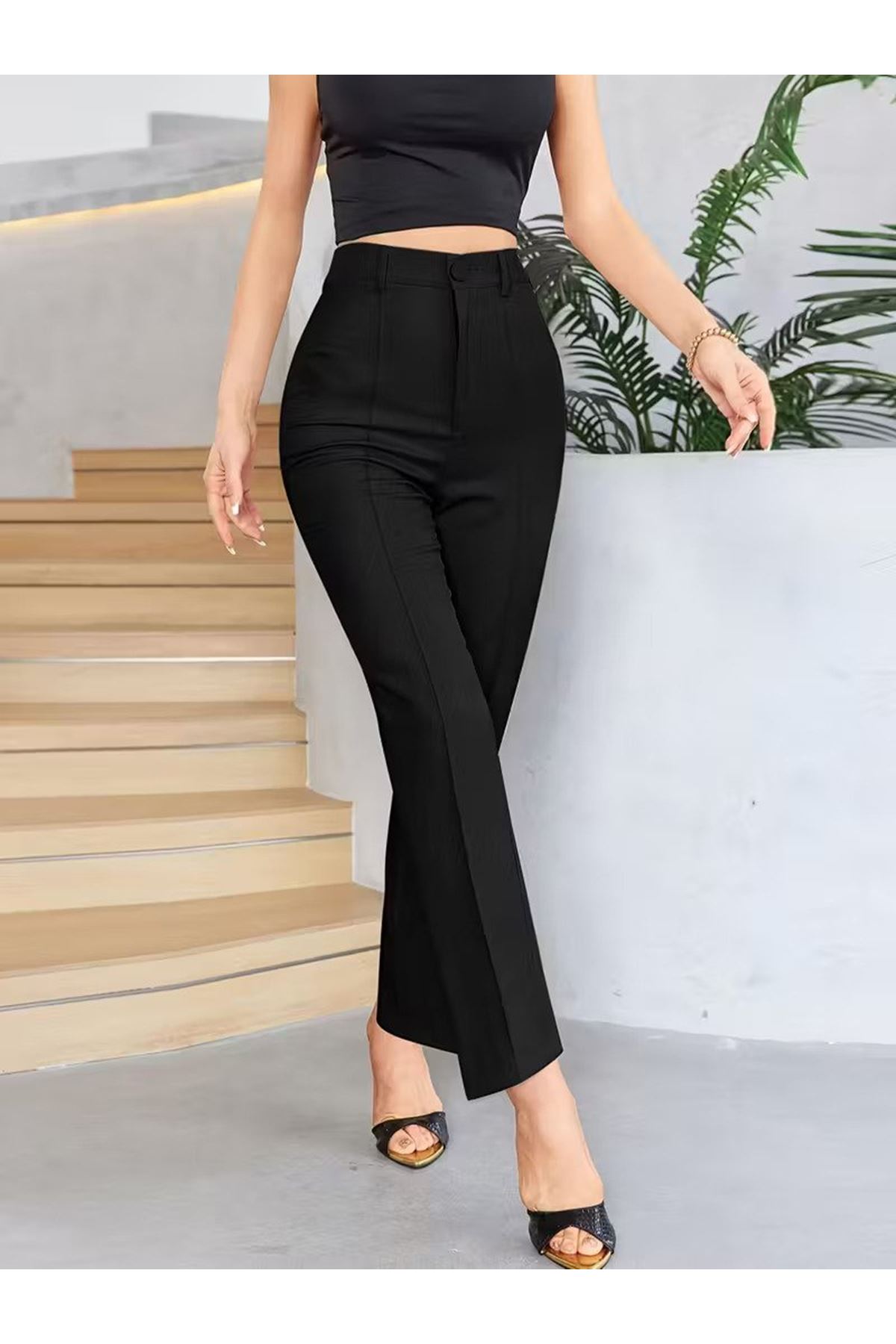 Bordo Renk Yüksek Bel Maskülen Kesim Kumaş Pantolon