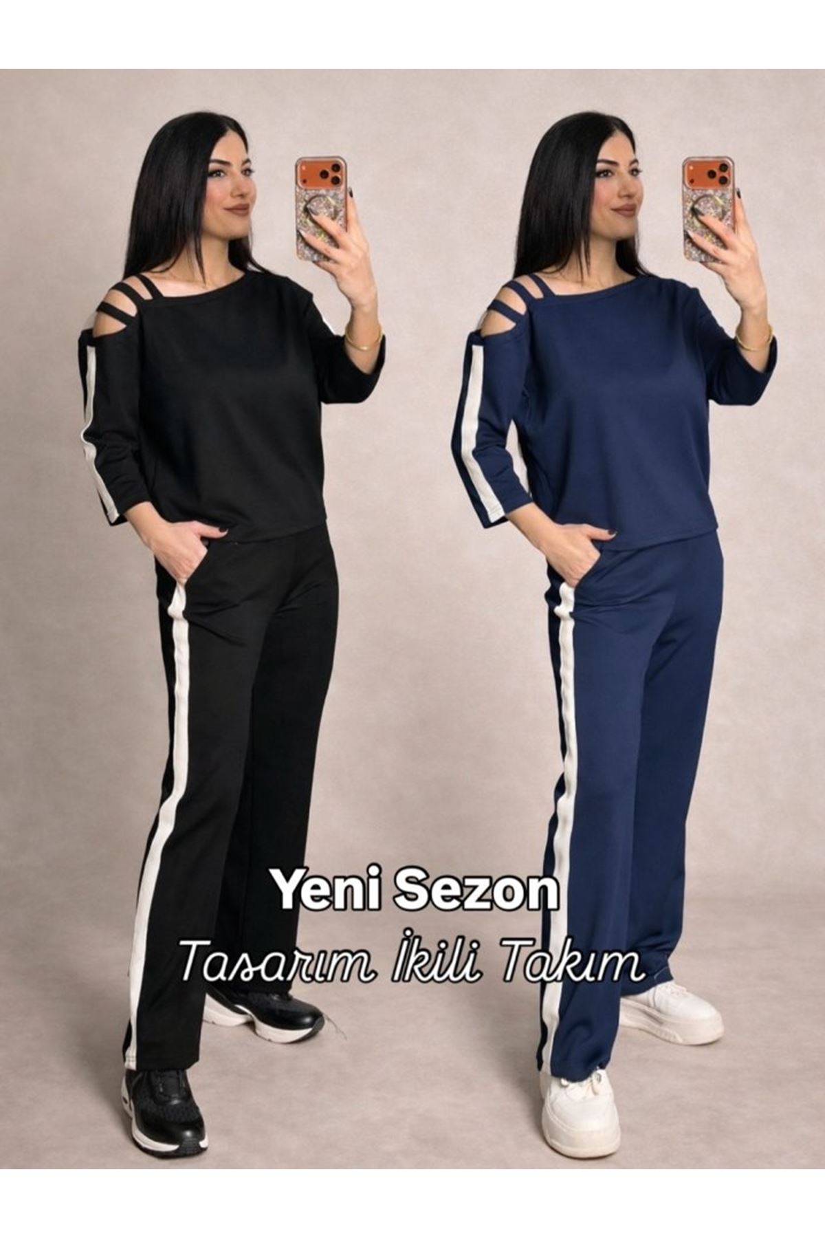 Kadın Uzun Kollu Kolu Tül Yanları şerit Detay Modal Ikili Takım