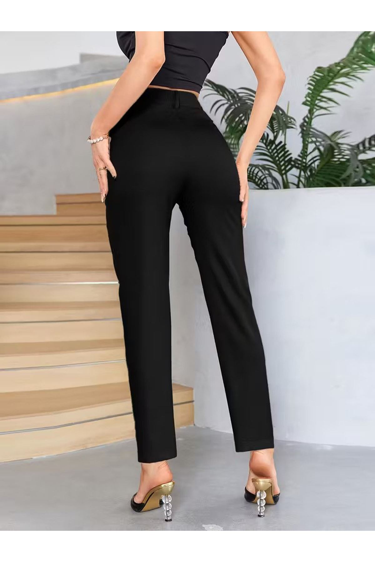 Bordo Renk Yüksek Bel Maskülen Kesim Kumaş Pantolon