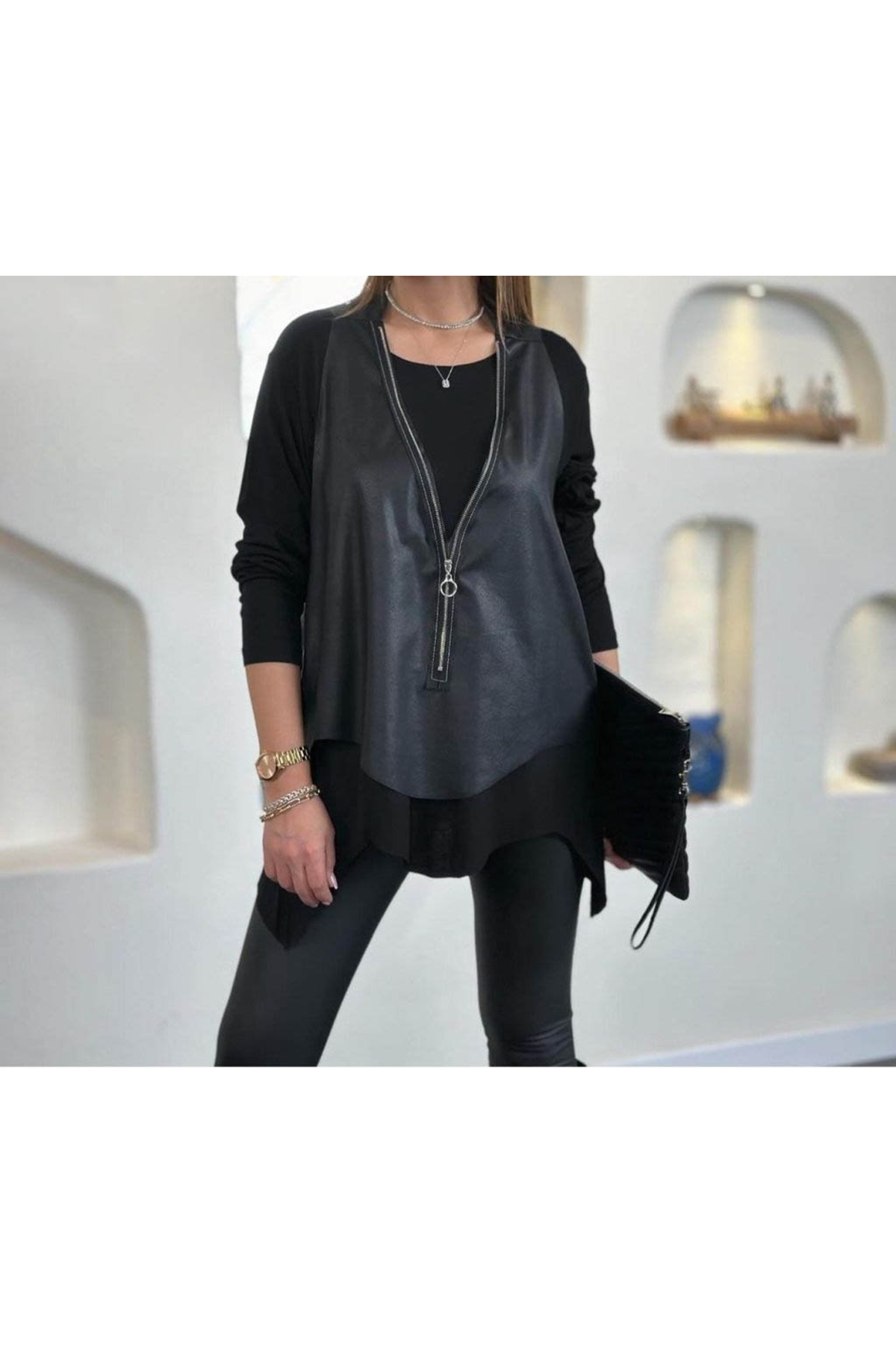 Kadın Uzun Kollu Asimetrik Kesim Viskon Bluz Ve çatlak Deri Görünümlü Yelek Ikili Takım