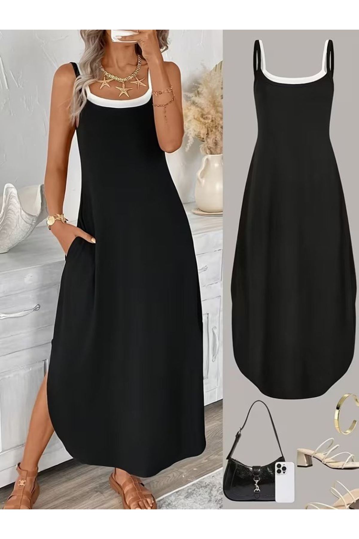 Kadın Ip Askılı Yuvarlak Yakalı Cepli Uzun Viskon Elbise