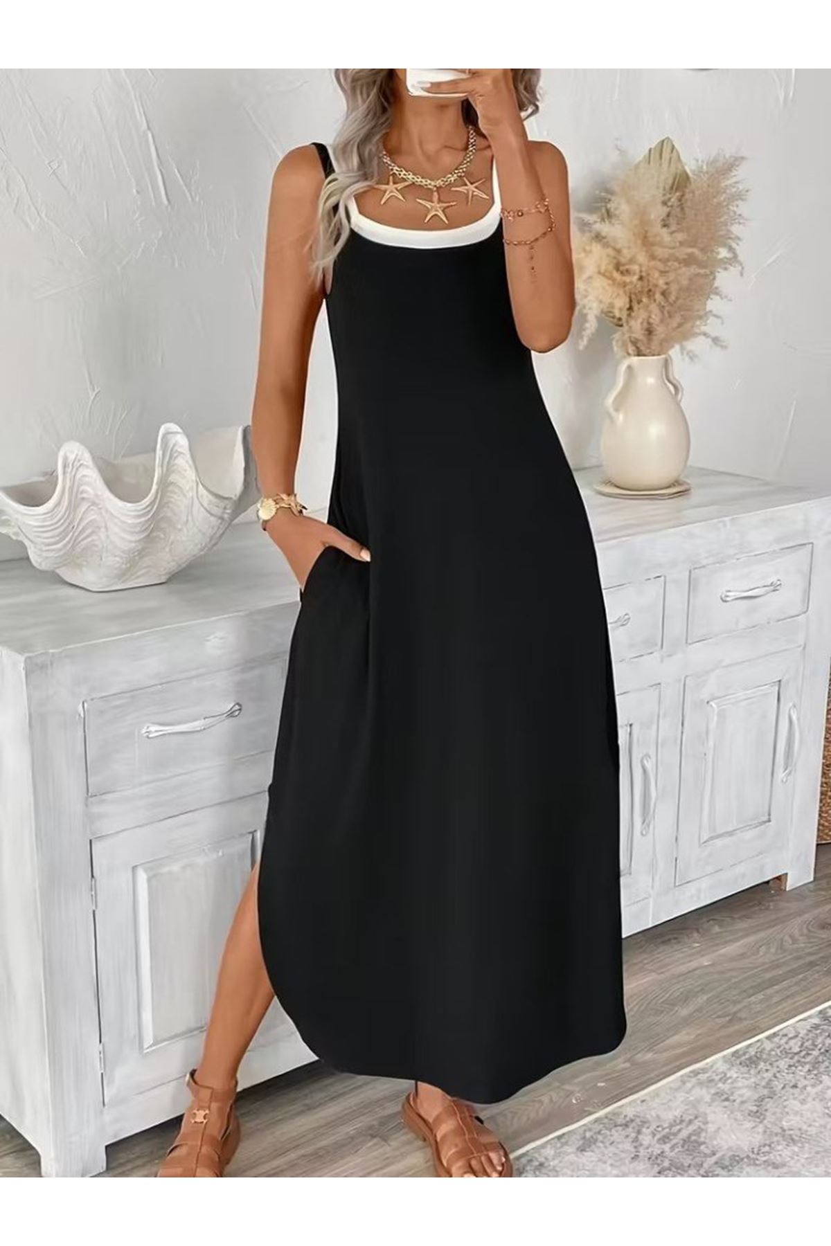 Kadın Ip Askılı Yuvarlak Yakalı Cepli Uzun Viskon Elbise