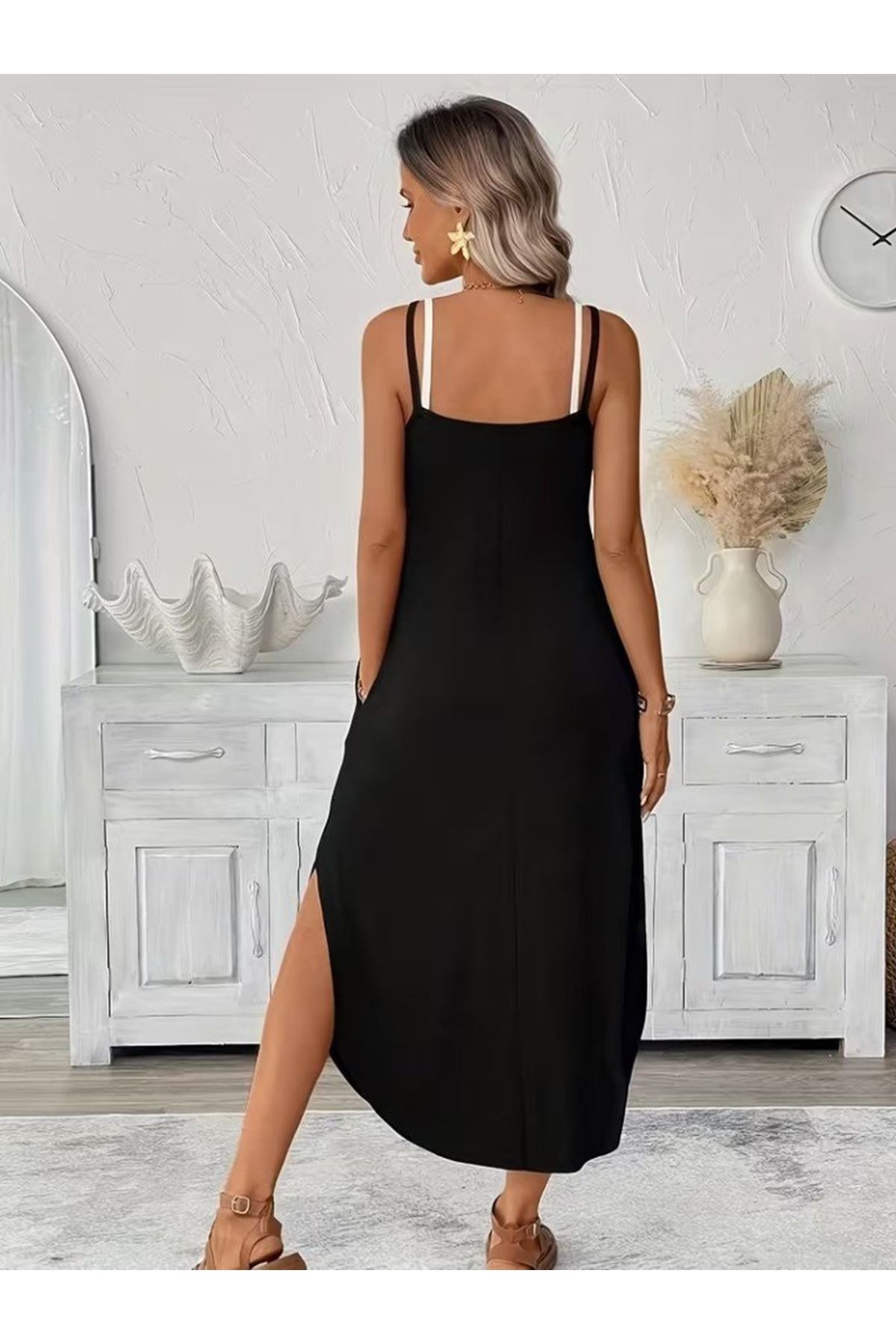 Kadın Ip Askılı Yuvarlak Yakalı Cepli Uzun Viskon Elbise